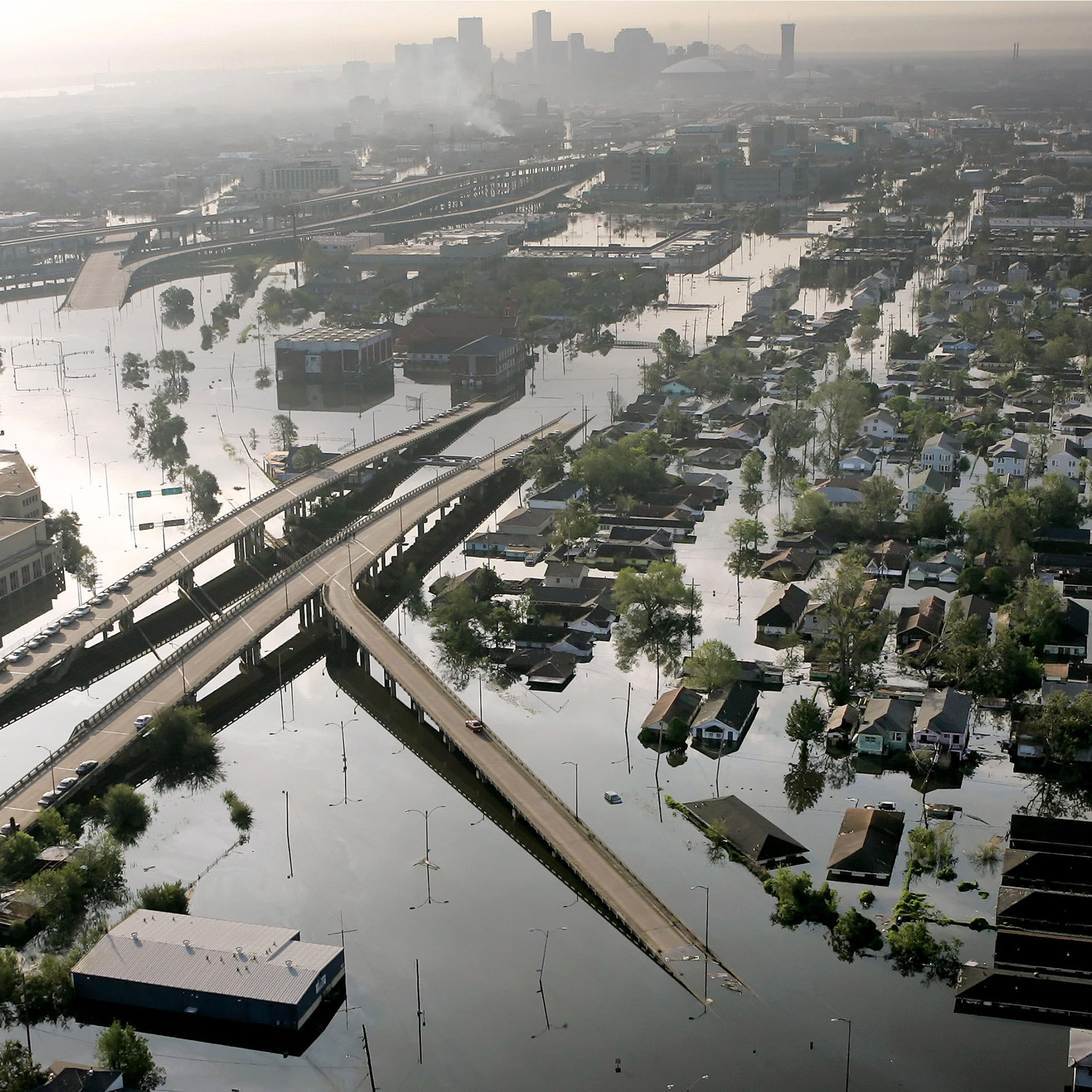 Floodwaters from Hurricane Katrina fill the streets near downtown New Orleans on Aug. 30, 2005