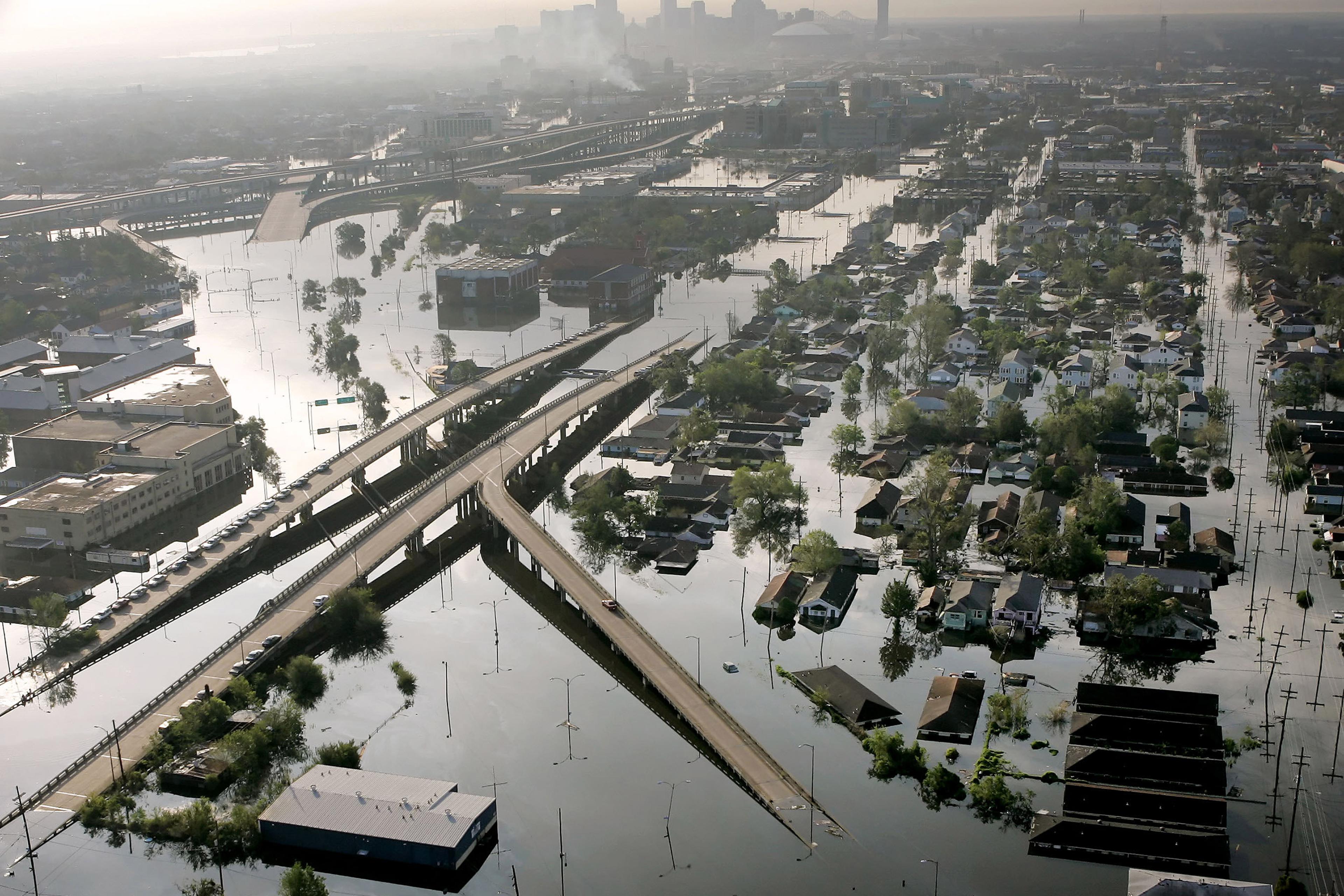 Floodwaters from Hurricane Katrina fill the streets near downtown New Orleans on Aug. 30, 2005