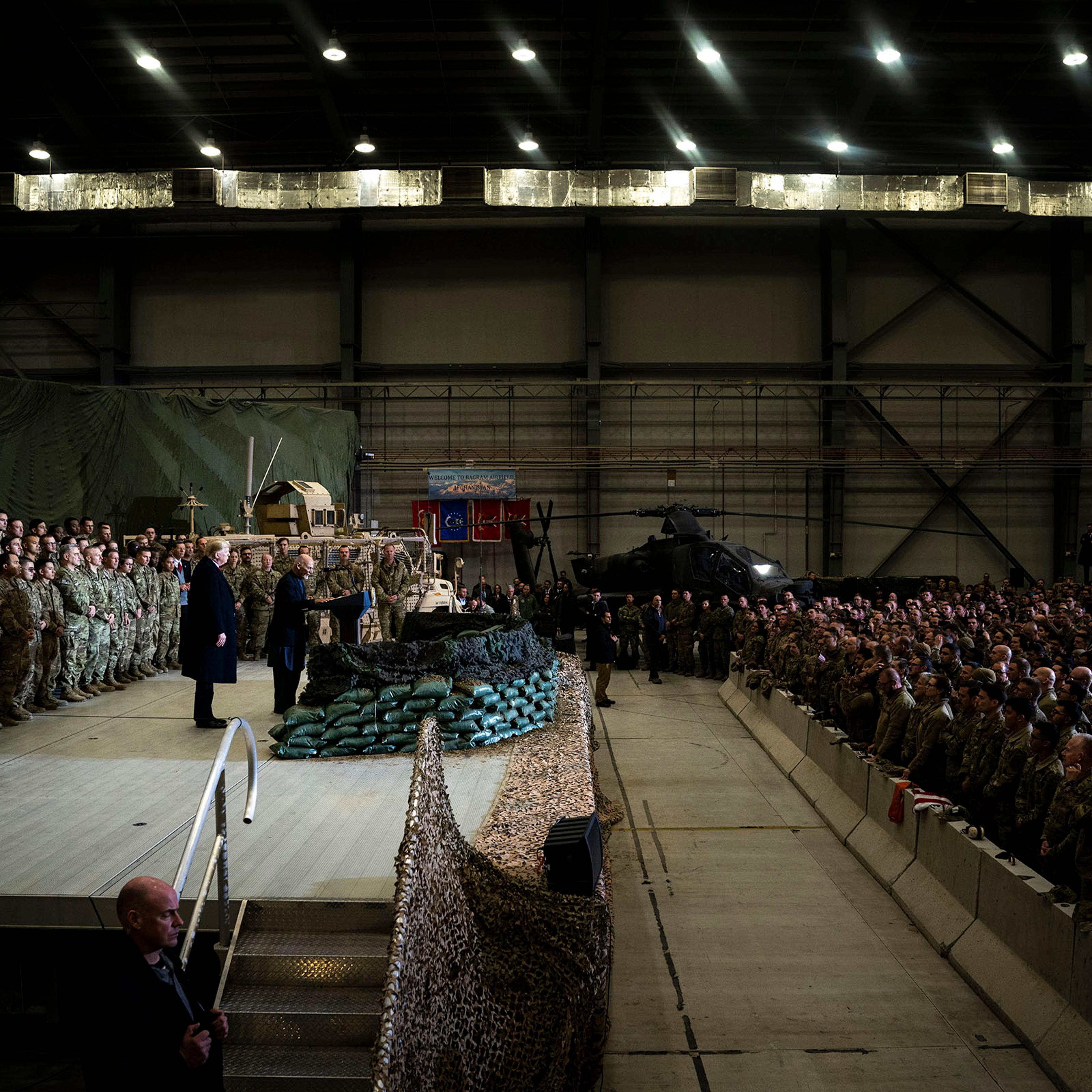 President Ashraf Ghani of Afghanistan and President Donald Trump address American troops at Bagram Air Base outside of Kabul, Afghanistan, Nov. 28, 2019. (Erin Schaff/The New York Times)