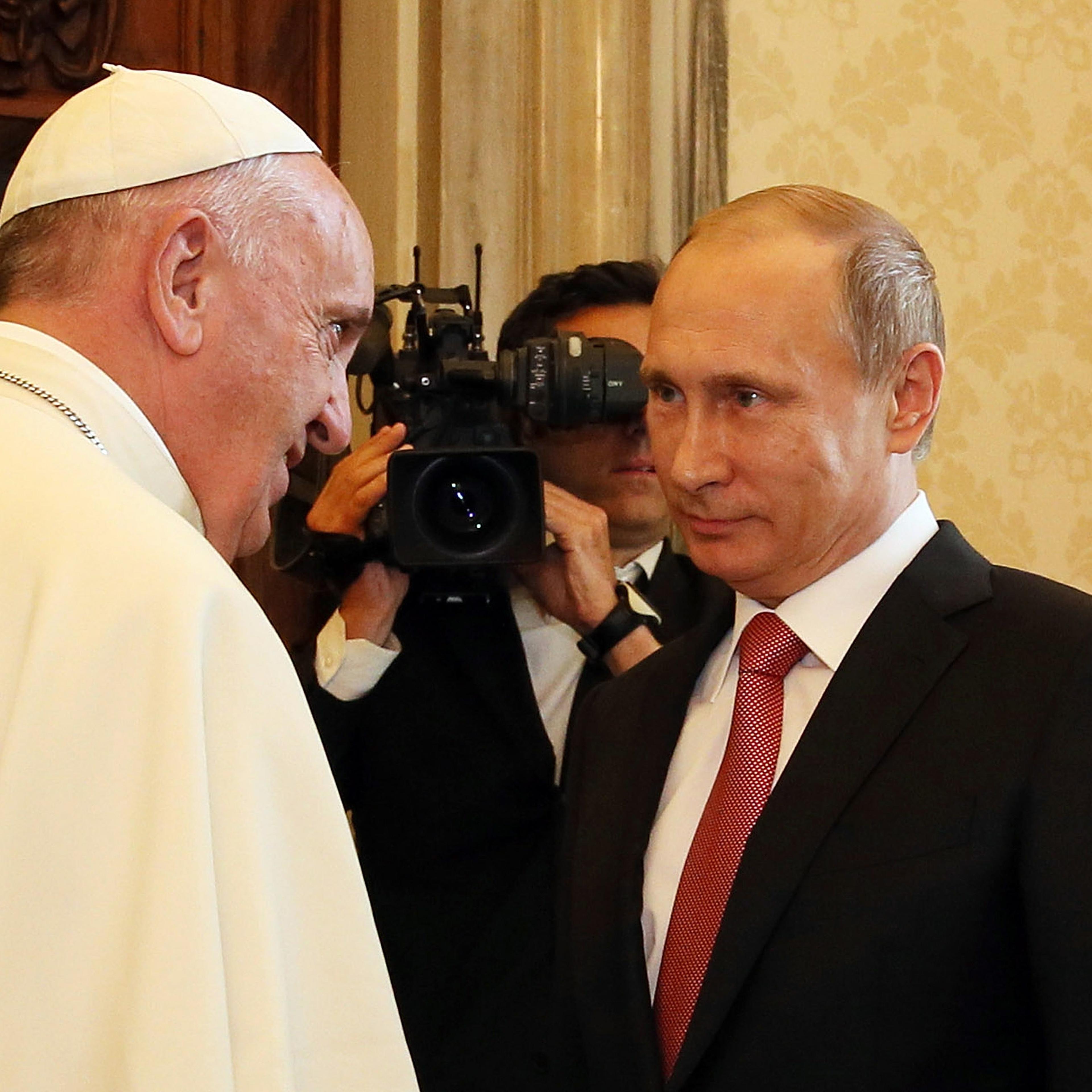 Pope Francis meets President of Russian Federation Vladimir Putin during an audience at the Apostolic Palace on June 10, 2015 in Vatican City, Vatican.