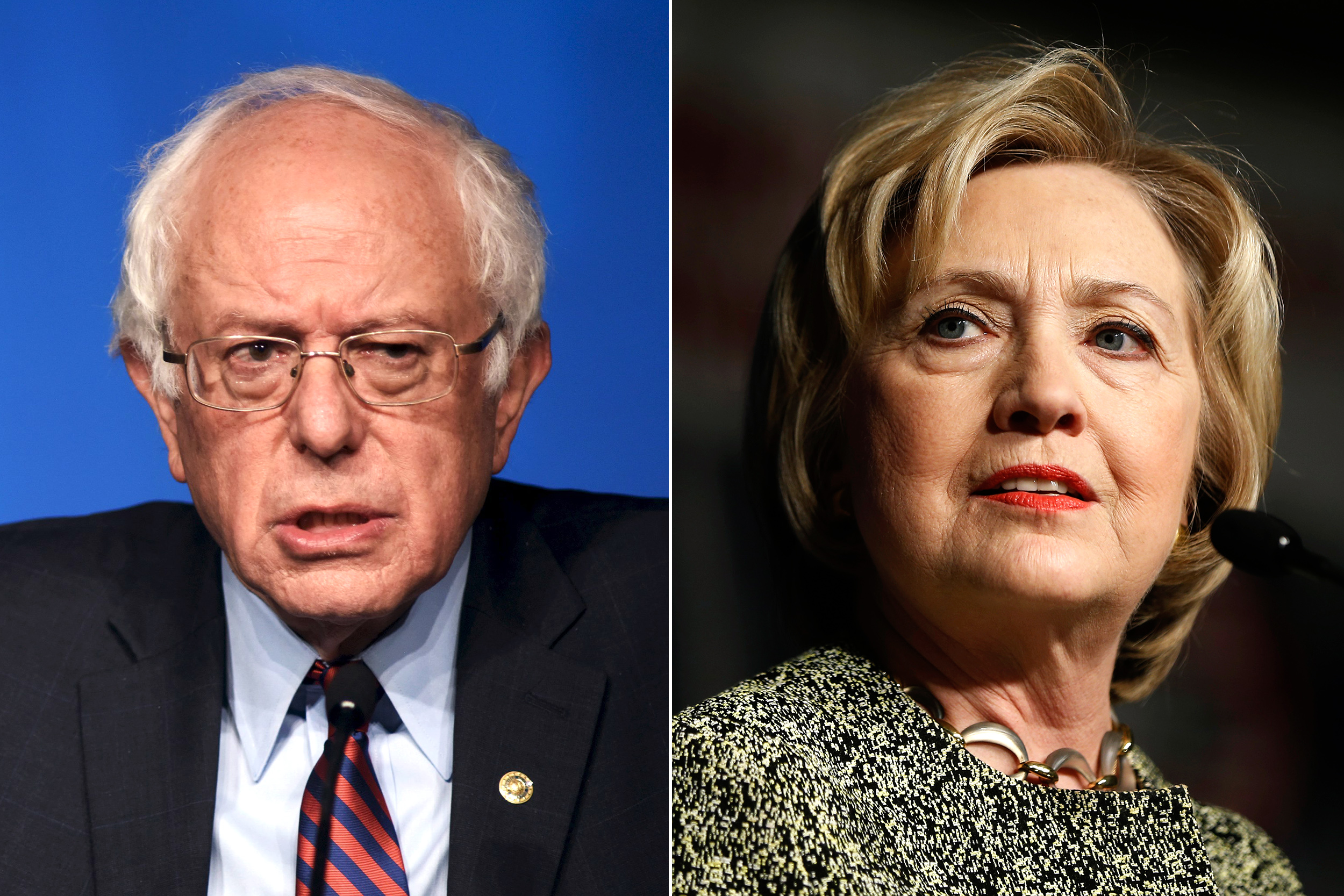 Left Democratic U.S. presidential candidate Bernie Sanders speaks at the Pennsylvania AFL-CIO convention in Philadelphia on April 7, 2016. Right Democratic presidential candidate Hillary Clinton speaks at the Pennsylvania AFL-CIO Convention in Philadelph