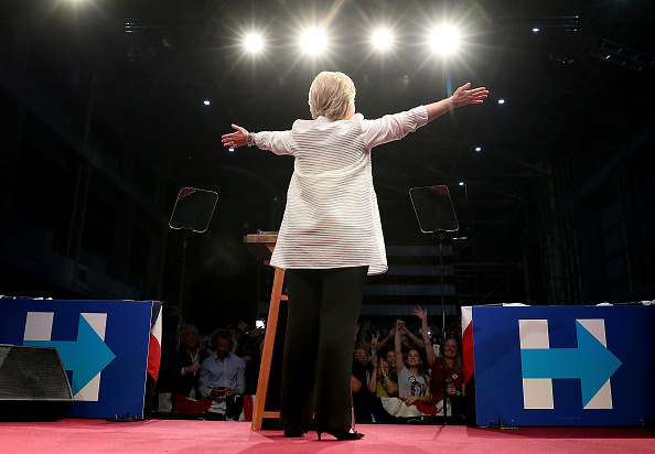 Democratic presidential candidate former Secretary of State Hillary Clinton greets supporters during a primary night event on June 7, 2016 in Brooklyn, New York.
