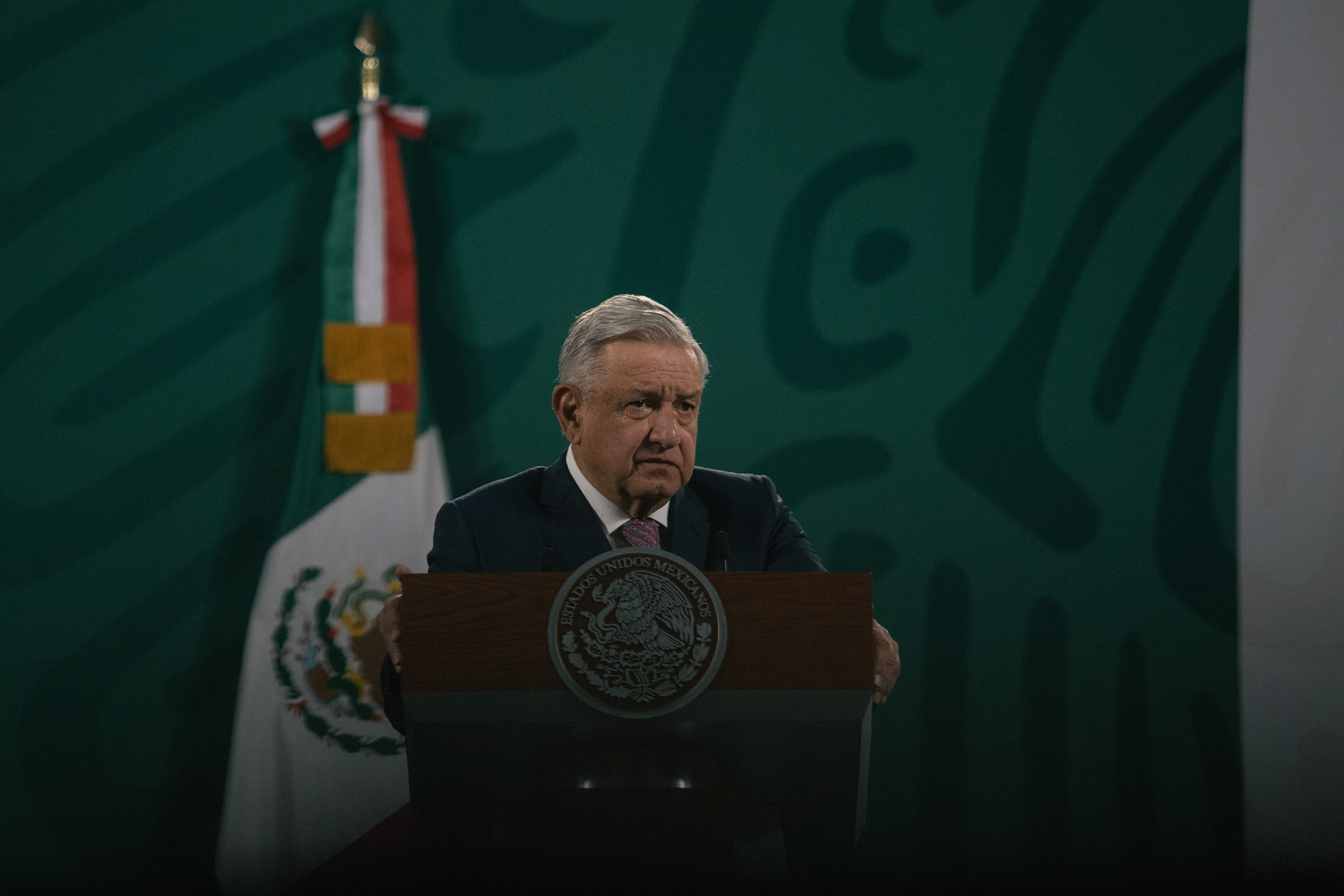 President Andrés Manuel López Obrador speaks during a news conference in Mexico City on Feb. 8. This was his first briefing after announcing he had Covid-19 and began a quarantine.