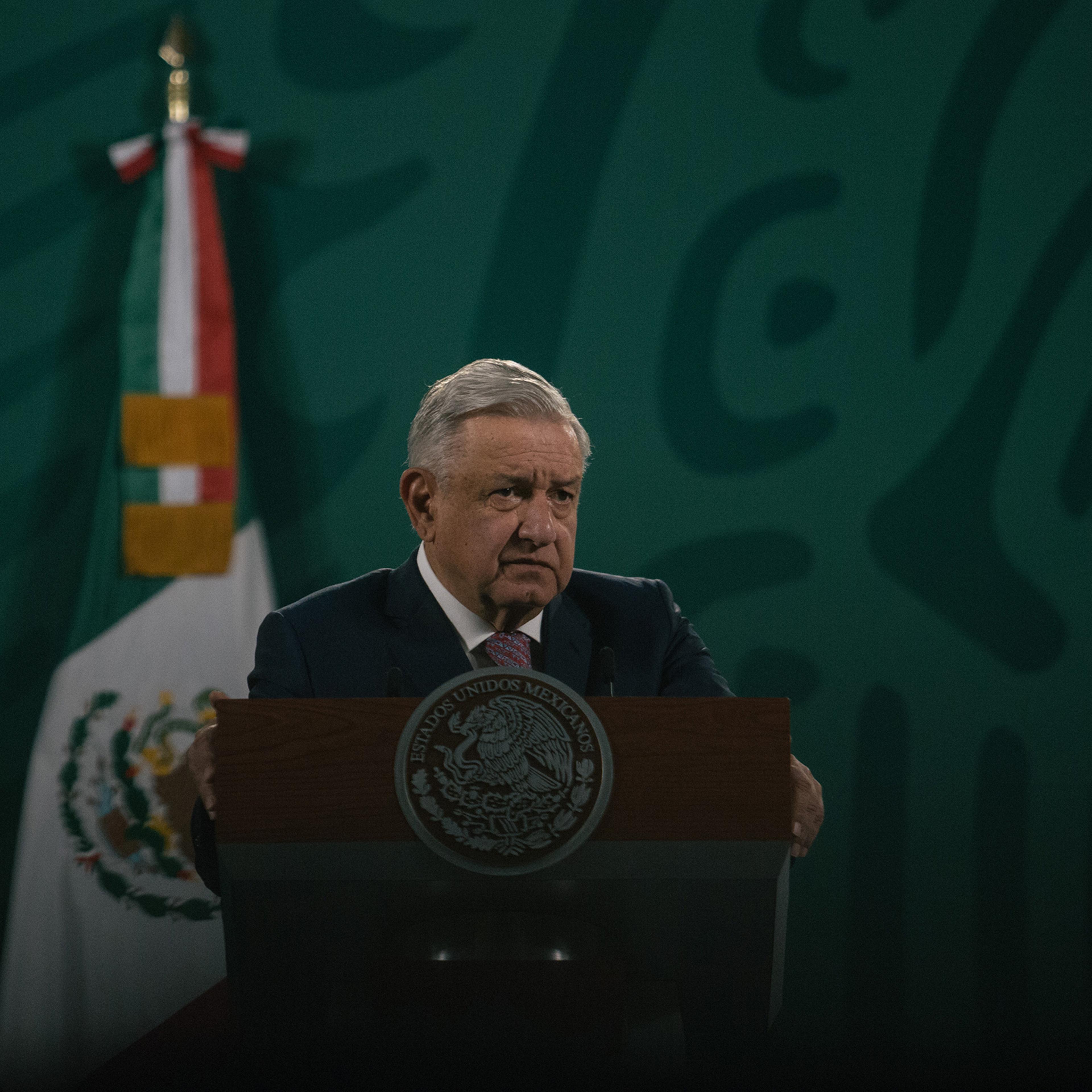 President Andrés Manuel López Obrador speaks during a news conference in Mexico City on Feb. 8. This was his first briefing after announcing he had Covid-19 and began a quarantine.