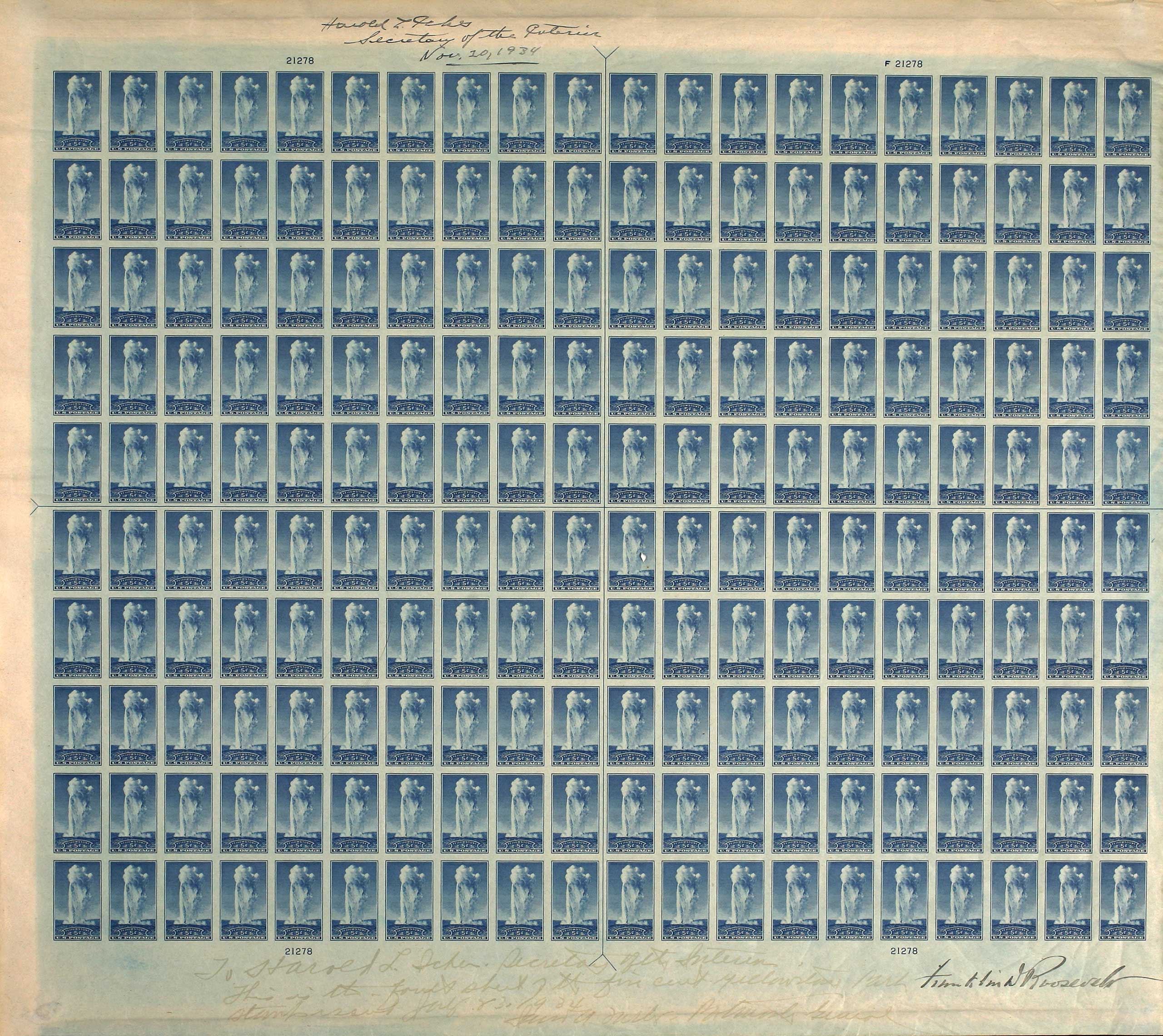 Autographed National Parks Year Issue imperforate press sheet, 1934. Depicts Yellowstone National Park, Wyoming.