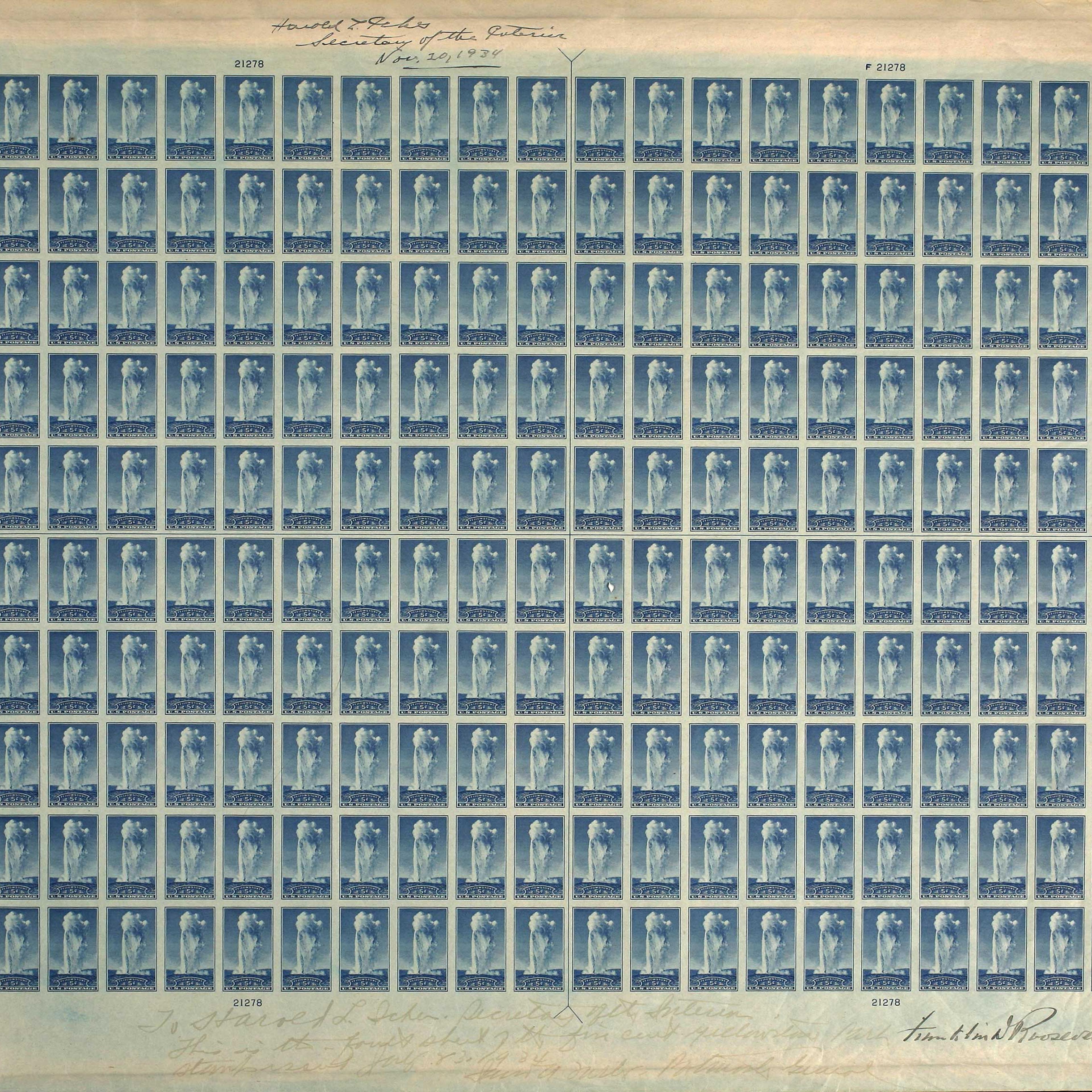 Autographed National Parks Year Issue imperforate press sheet, 1934. Depicts Yellowstone National Park, Wyoming.