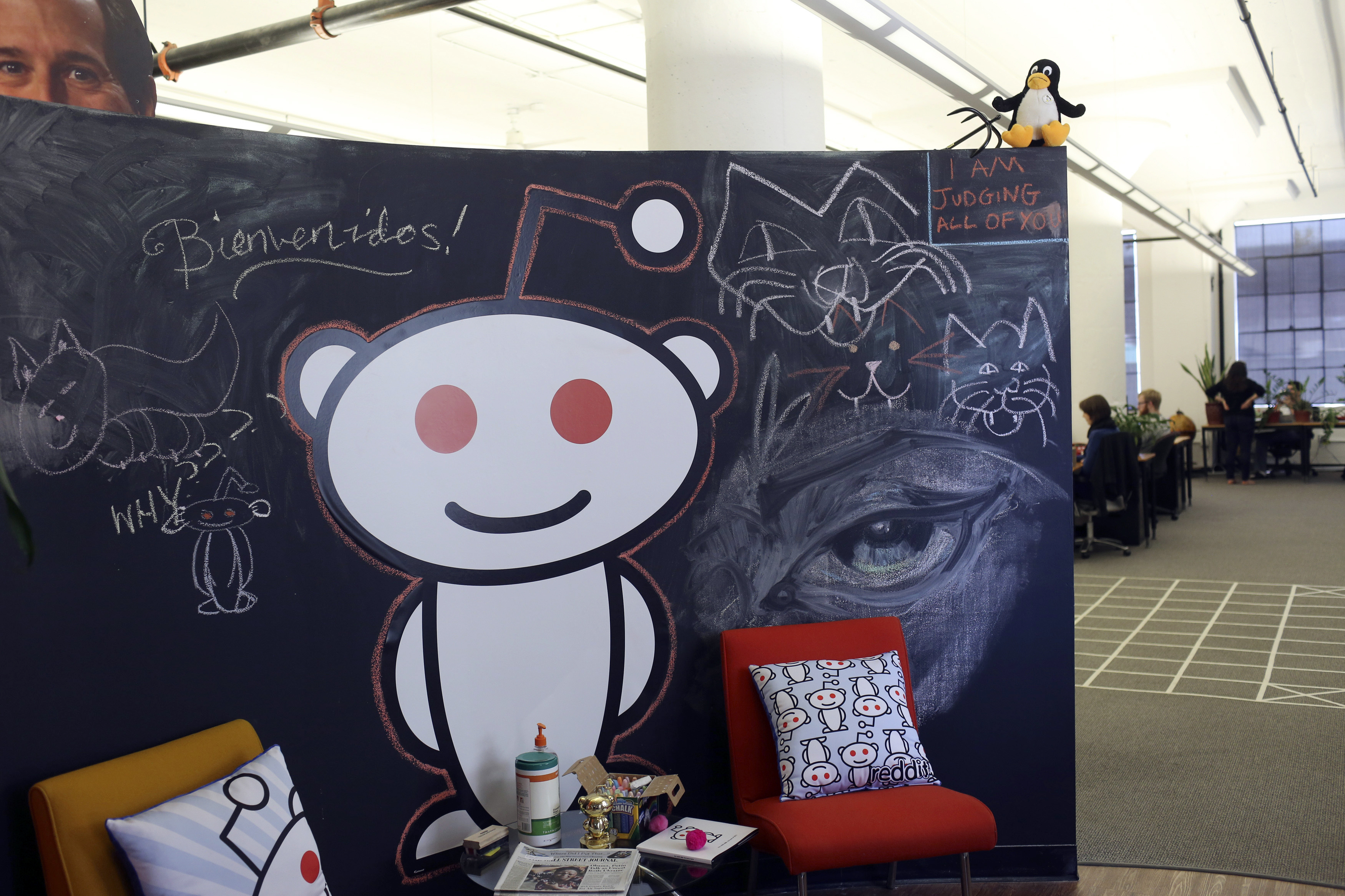 A Reddit mascot is shown at the company's headquarters in San Francisco, California April 15, 2014. Reddit, a website with a retro-'90s look and space-alien mascot that tracks everything from online news to celebrity Q&As, is going after more eyeballs, a