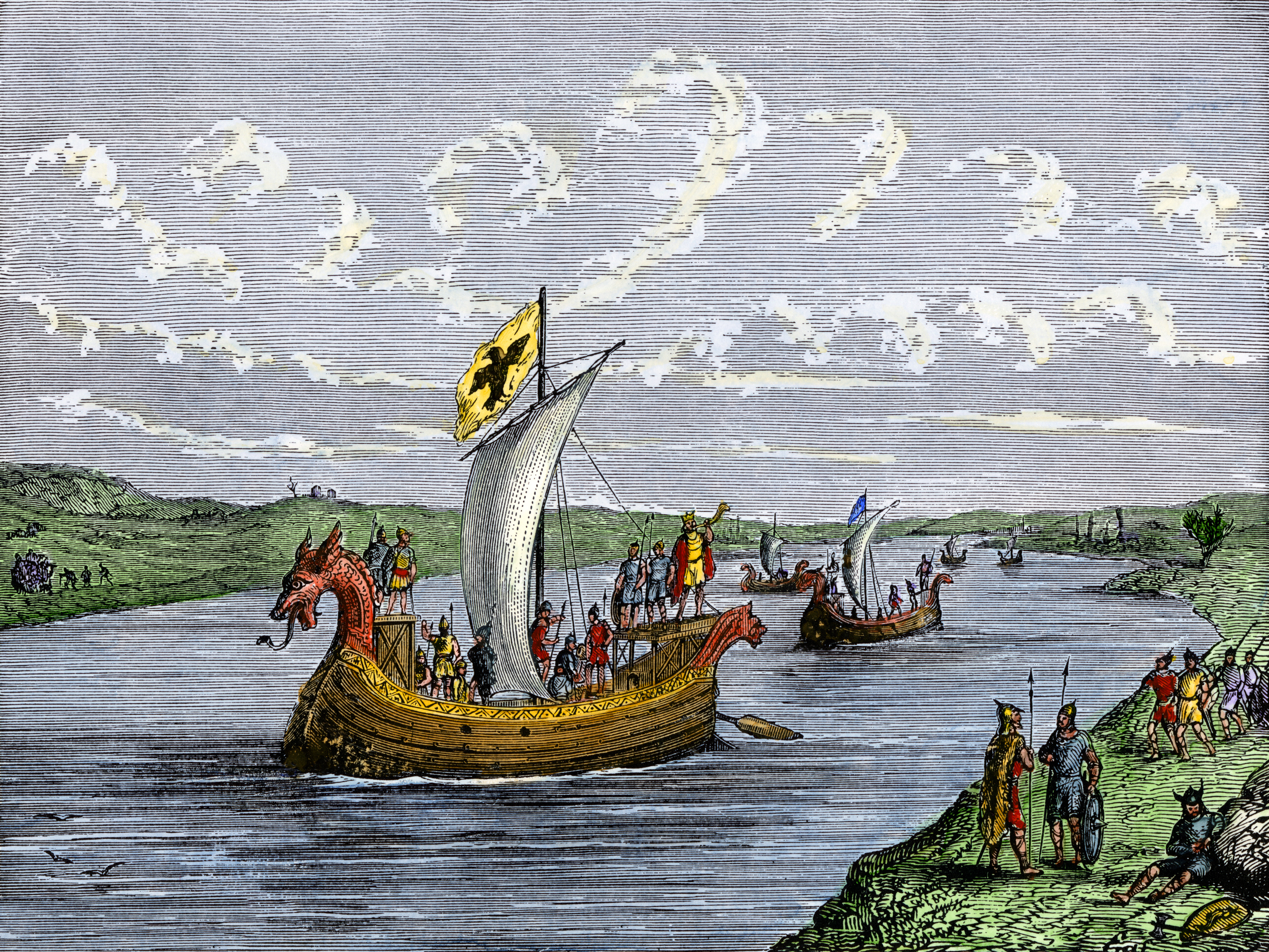 Viking settlers exploring the North American coast in a hand-colored woodcut of a 19th-century illustration.