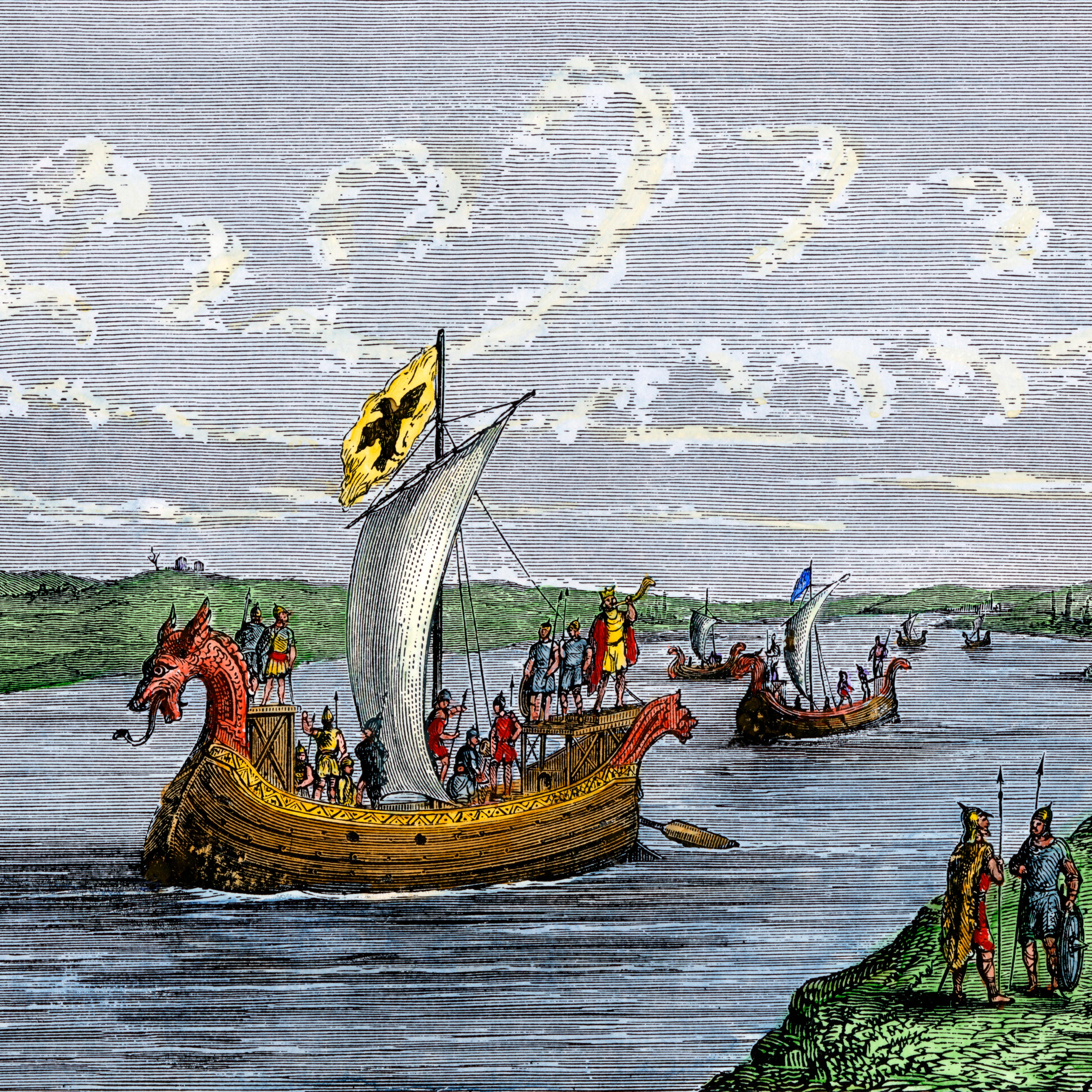 Viking settlers exploring the North American coast in a hand-colored woodcut of a 19th-century illustration.