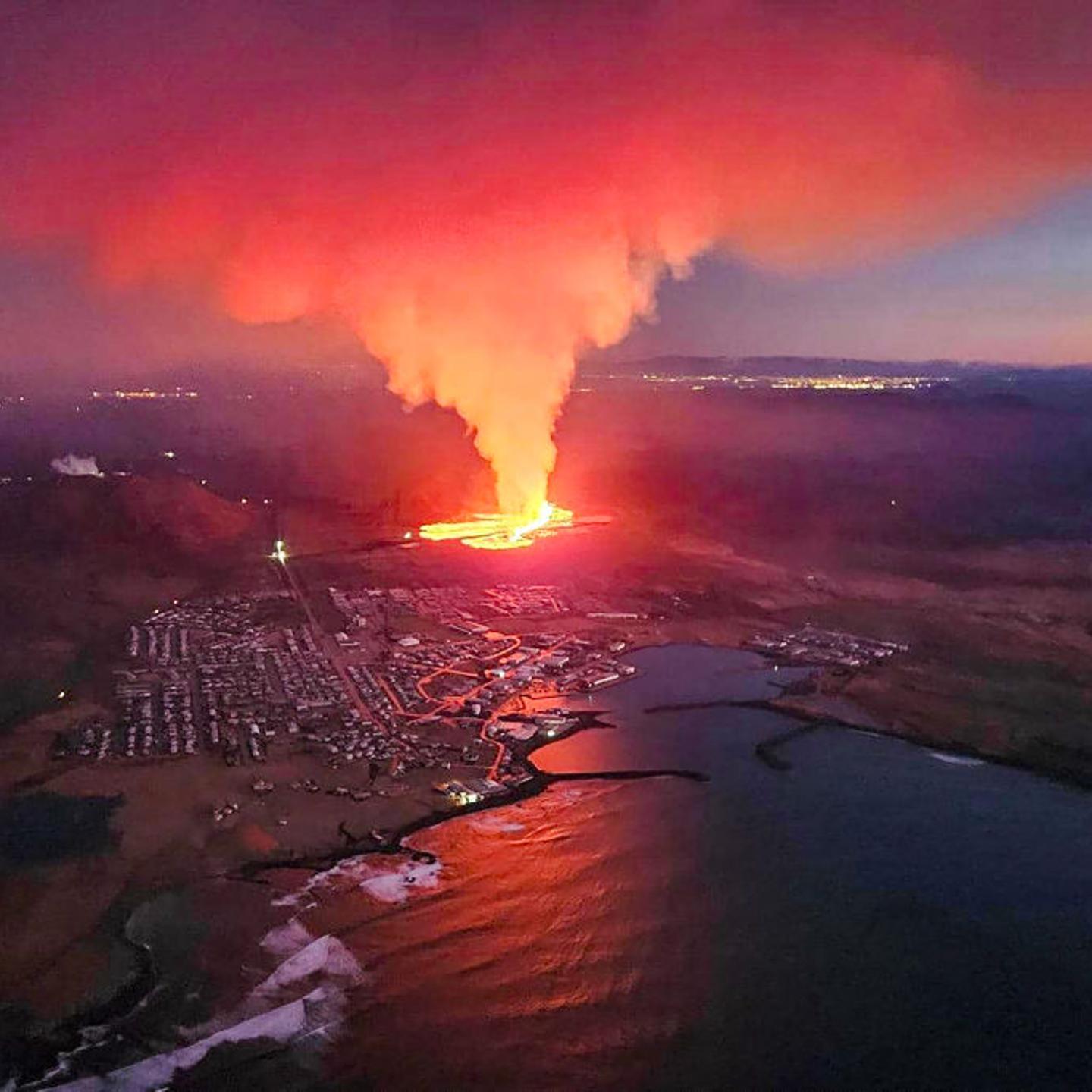 Billowing smoke and flowing lava are seen in this Icelandic Department of Civil Protection and Emergency Management, Jan. 14, 2024.