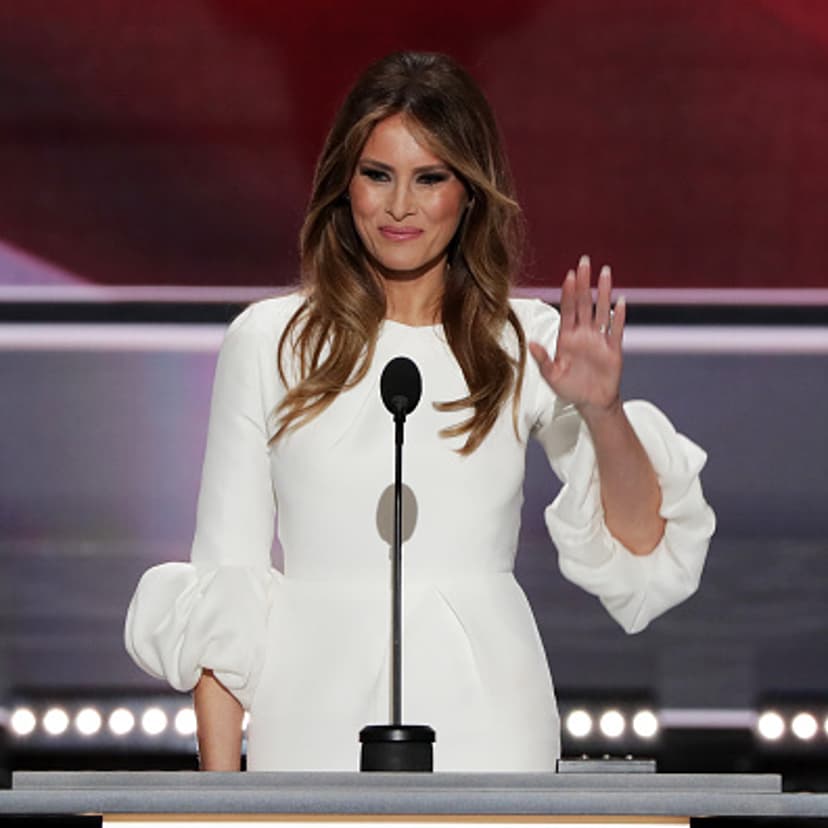 Melania Trump, wife of Presumptive Republican presidential nominee Donald Trump, waves to the crowd after delivering a speech on the first day of the Republican National Convention on July 18, 2016 at the Quicken Loans Arena in Cleveland, Ohio.