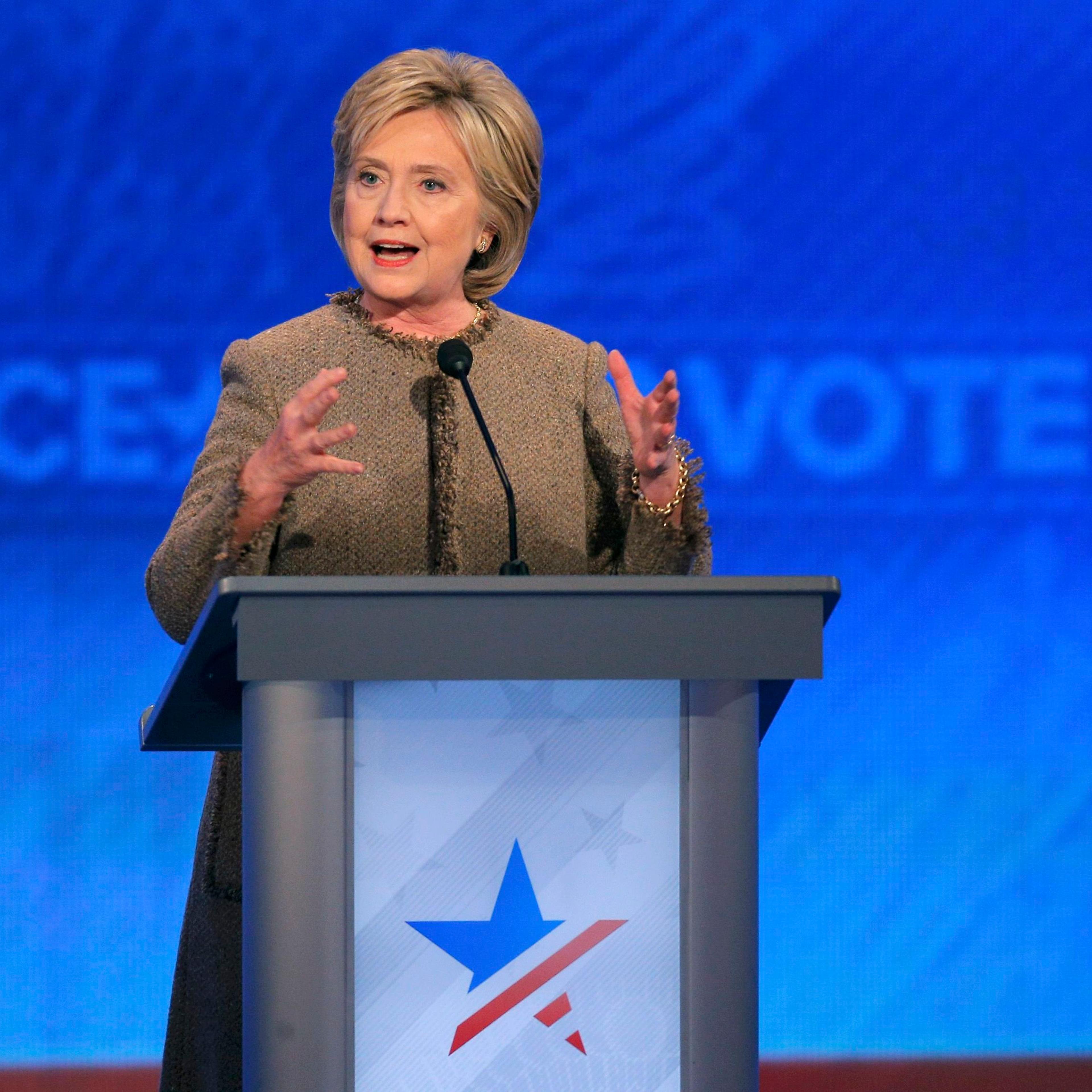 Democratic U.S. presidential candidate and former Secretary of State Hillary Clinton answers a question at the Democratic presidential candidates debate at St. Anselm College in Manchester