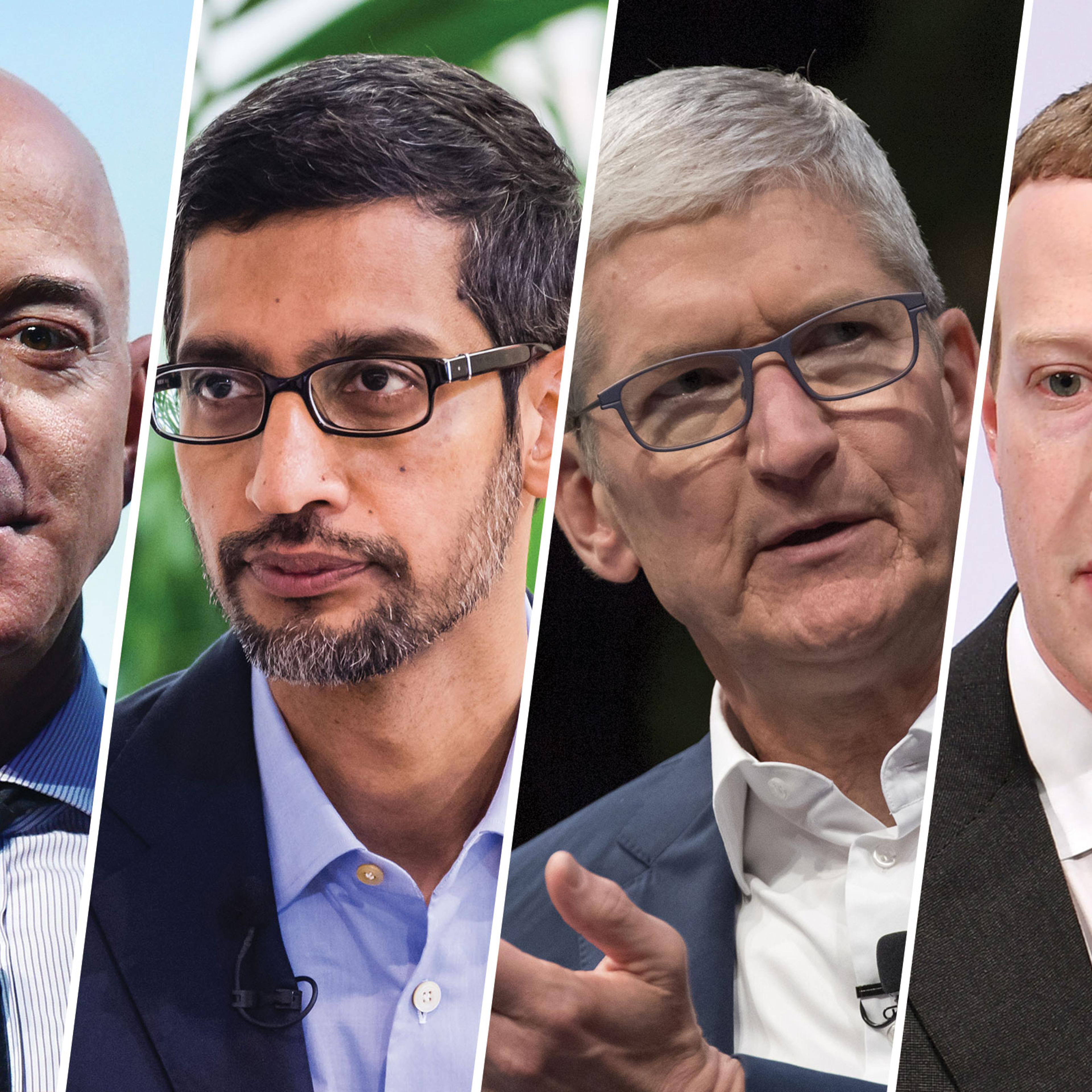 Amazon CEO Jeff Bezos, Google CEO Sundar Pichai, Apple CEO Tim Cook, Facebook CEO Mark Zuckerberg