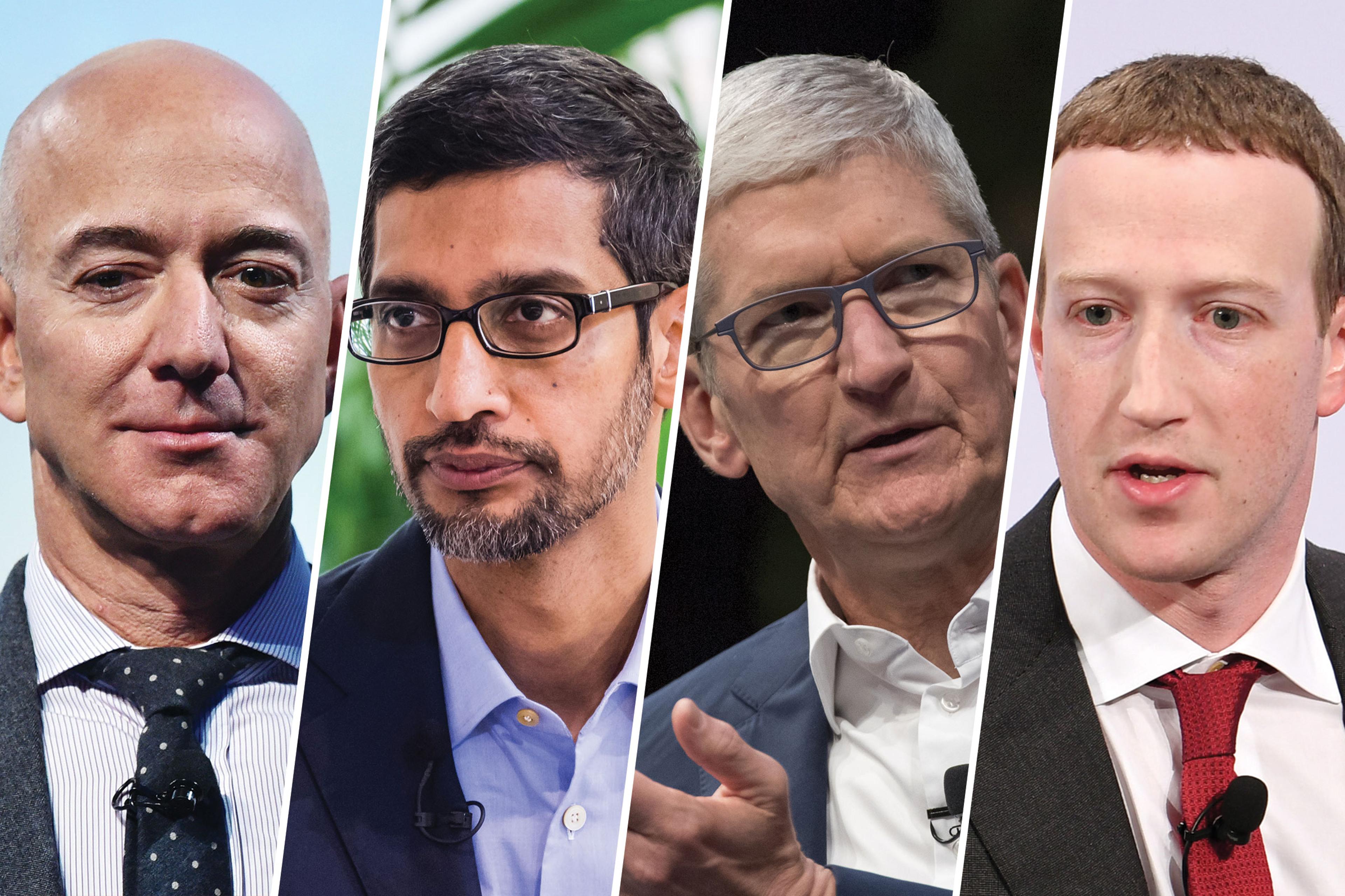 Amazon CEO Jeff Bezos, Google CEO Sundar Pichai, Apple CEO Tim Cook, Facebook CEO Mark Zuckerberg