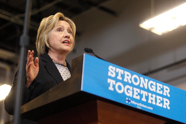 Presumptive Democratic presidential nominee Hillary Clinton speaks to supporters on June 21, 2016 at the Construction Arts &amp; Auto Technology building, Fort Hayes Metropolitan Education Center, in Columbus, Ohio.
