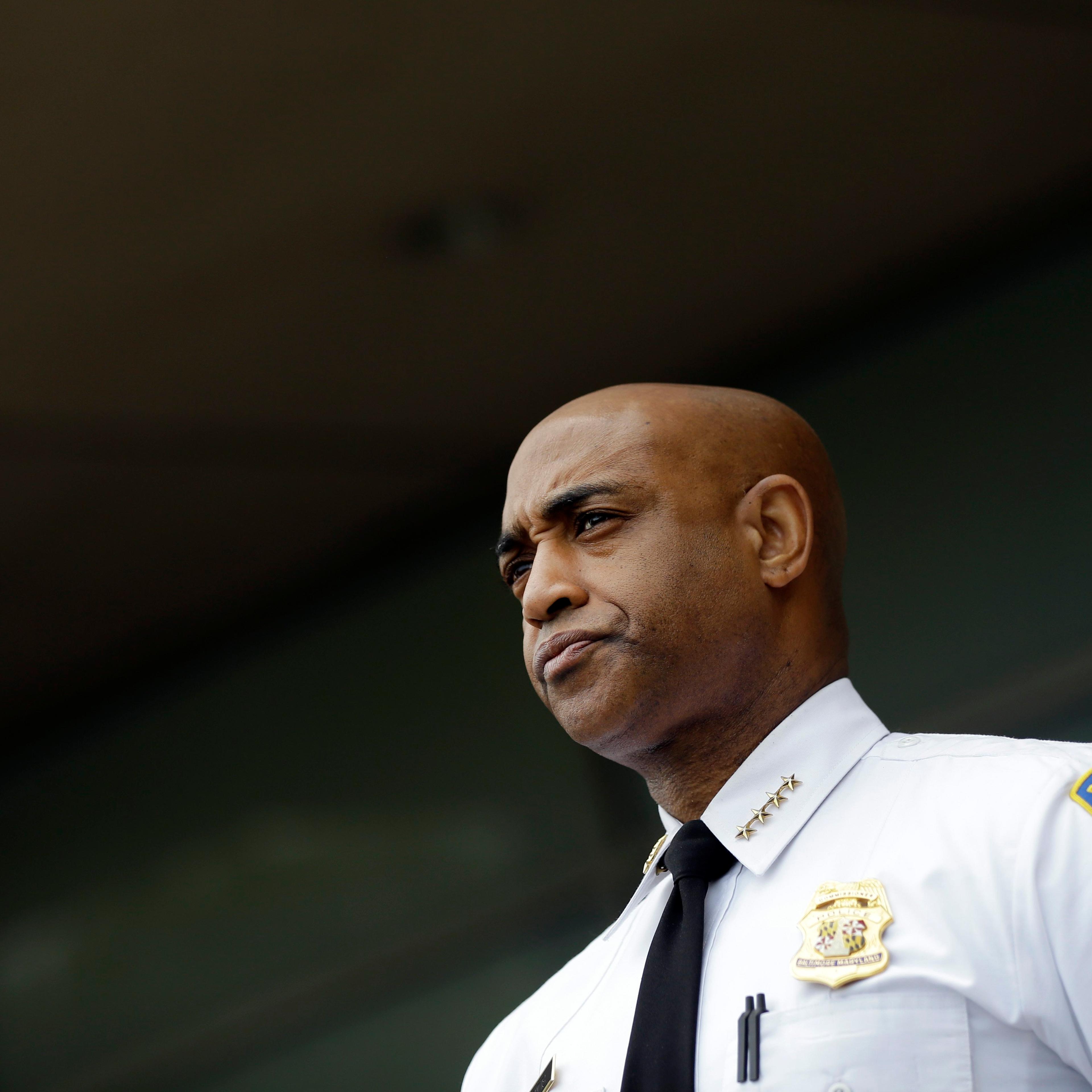 Baltimore Police Department Commissioner Anthony Batts listens as Deputy Commissioner Kevin Davis speaks at a news conference, in Baltimore on April 30, 2015.