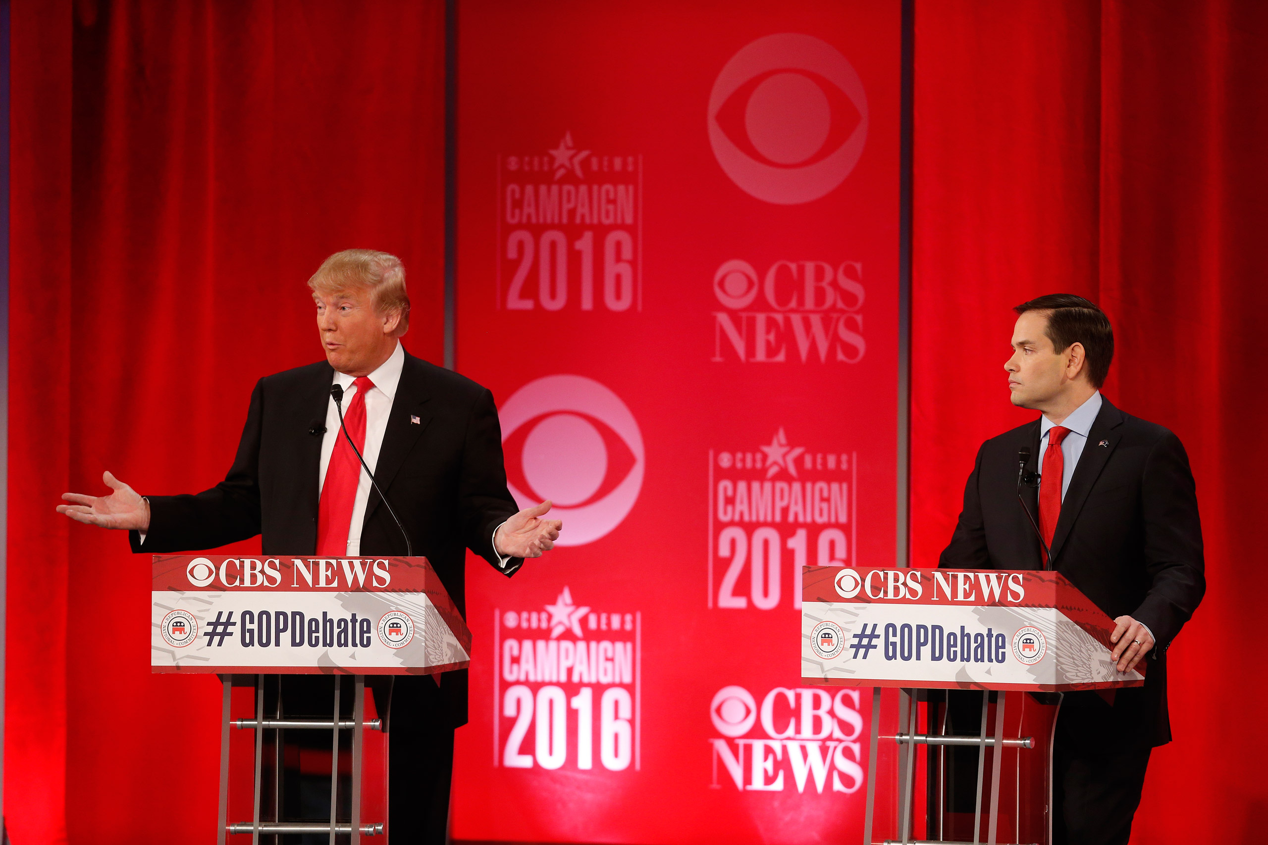 Republican presidential candidate, businessman Donald Trump and Republican presidential candidate, Sen. Marco Rubio, R-Fla., right, participate during the CBS News Republican presidential debate at the Peace Center, Saturday, Feb. 13, 2016, in Greenville