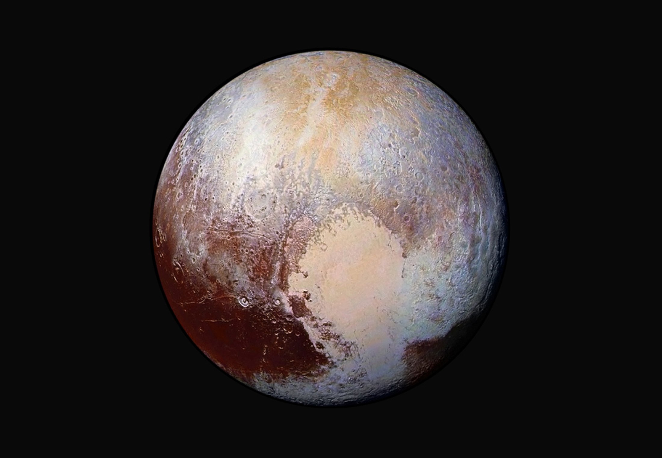 Pluto photo from four images from New Horizons' Long Range Reconnaissance Imager (LORRI) combined with color data from the Ralph instrument