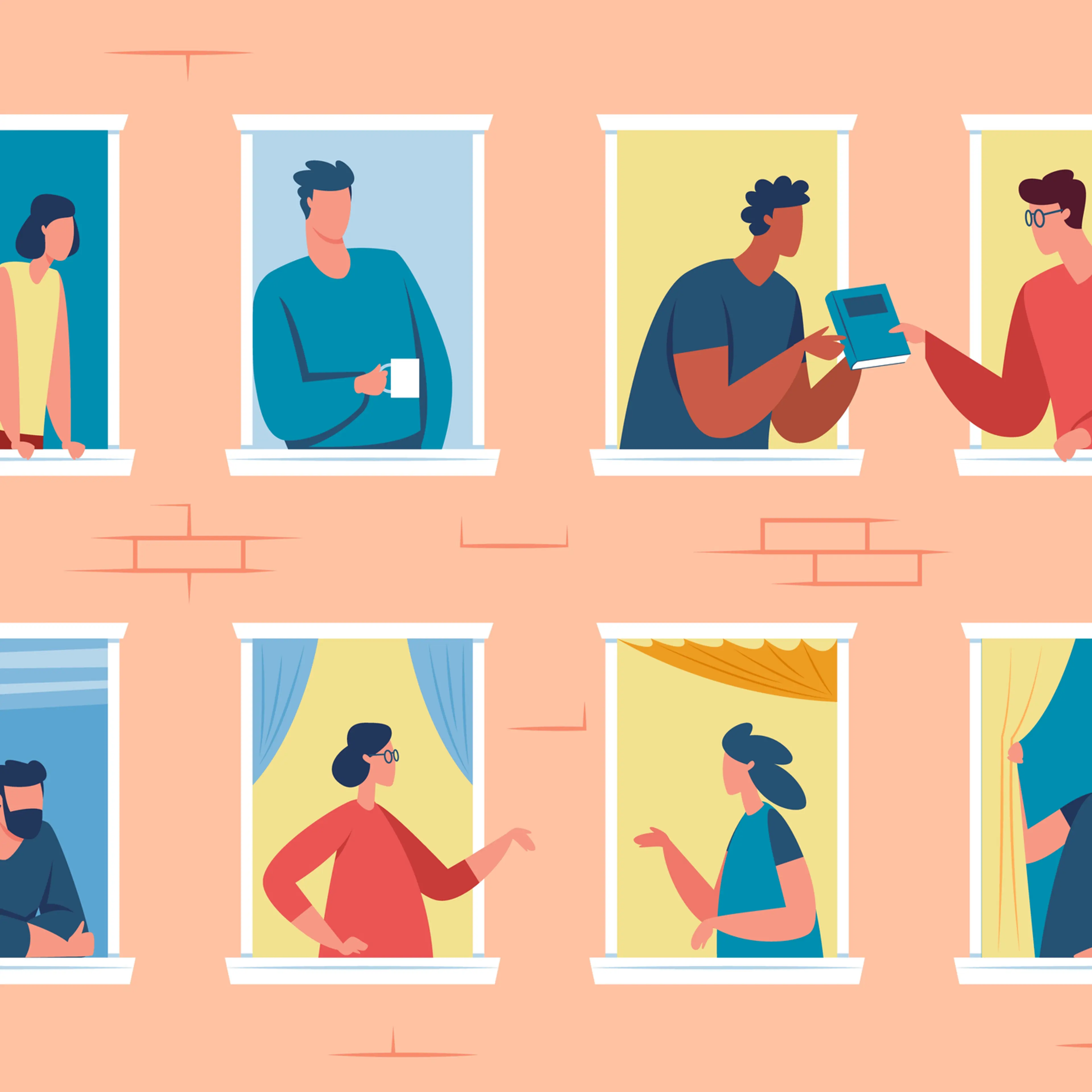 Neighbors in windows, good neighborhood, people looking out window. Friendly apartment neighbours talking to each other vector illustration