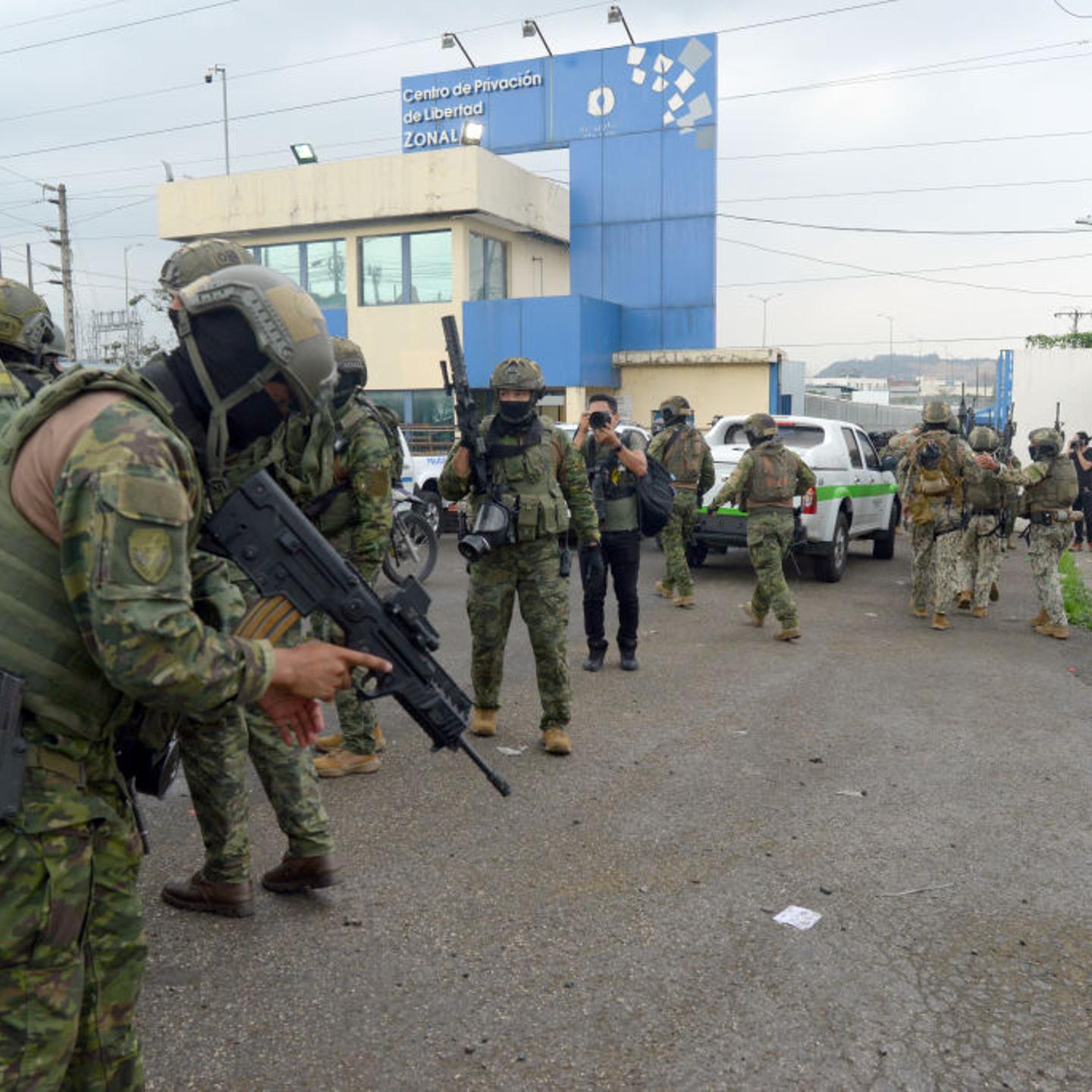Military stand guard at Litoral Penitentiary after the disappearance of José Adolfo Macías alias Fito on Jan. 7, 2024 in Guayaquil, Ecuador.