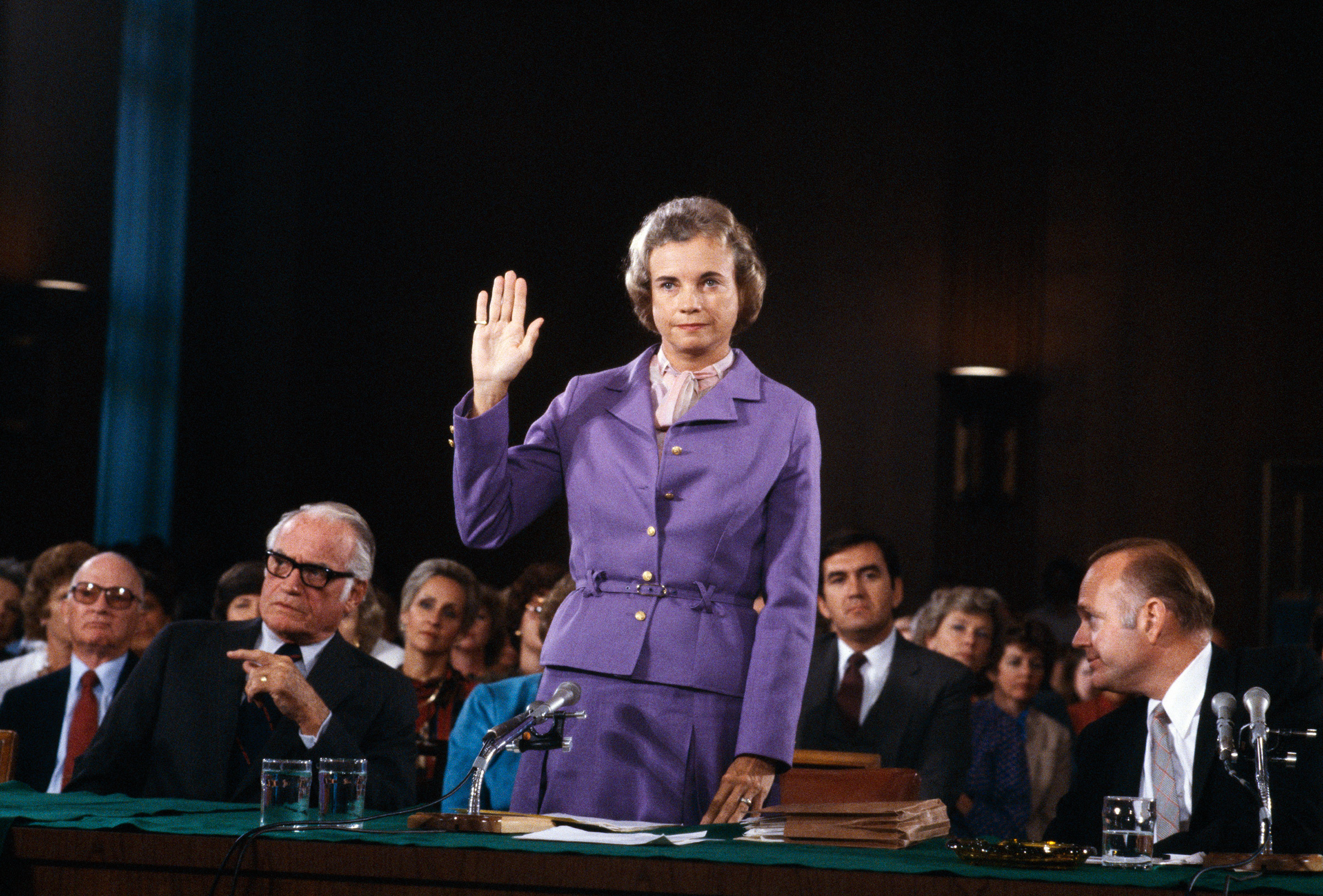 Sandra Day O'Connor is sworn in before the Senate Judiciary committee during confirmation hearings in 1981 in Washington, D.C. as she seeks to become the first female Supreme Court Justice.