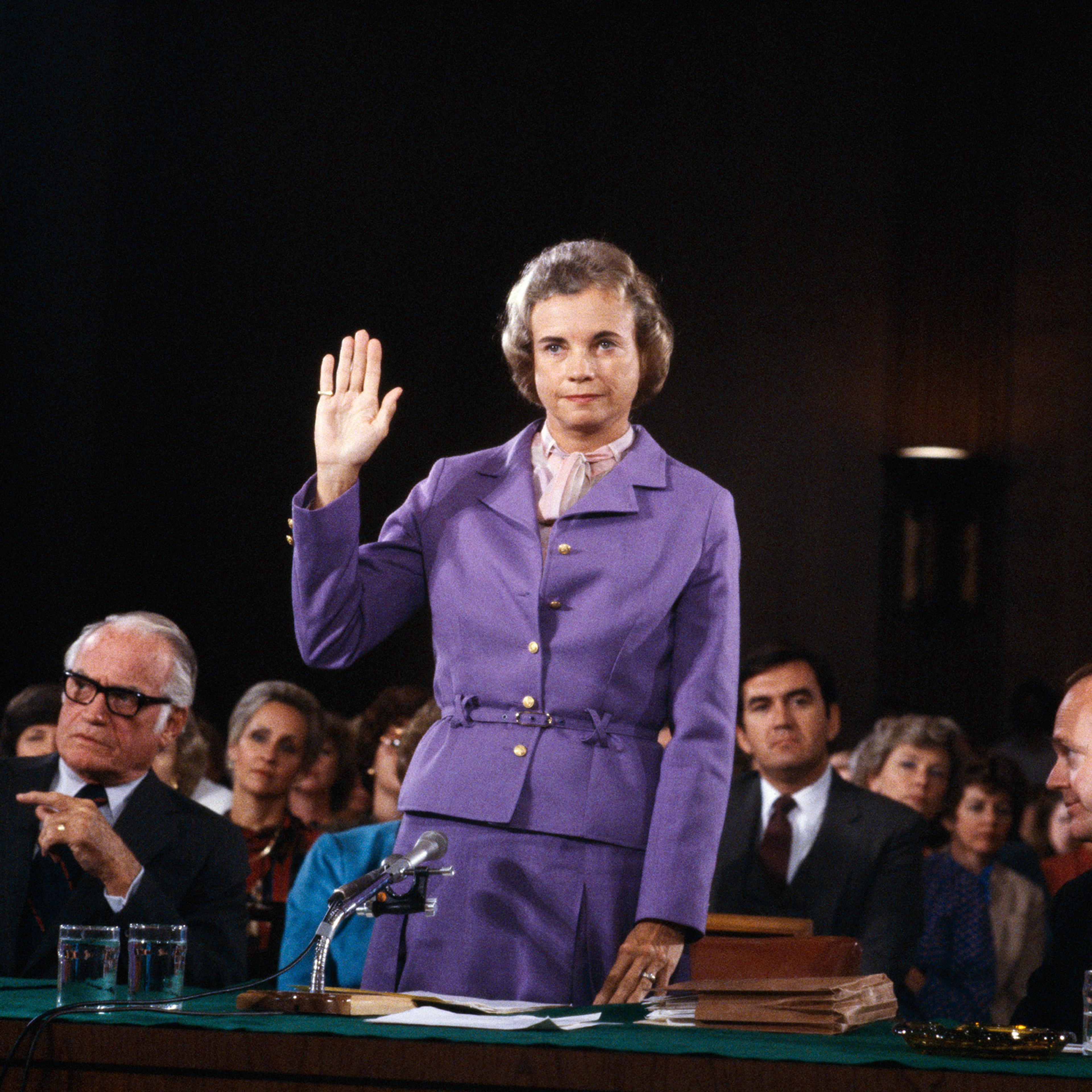 Sandra Day O'Connor is sworn in before the Senate Judiciary committee during confirmation hearings in 1981 in Washington, D.C. as she seeks to become the first female Supreme Court Justice.