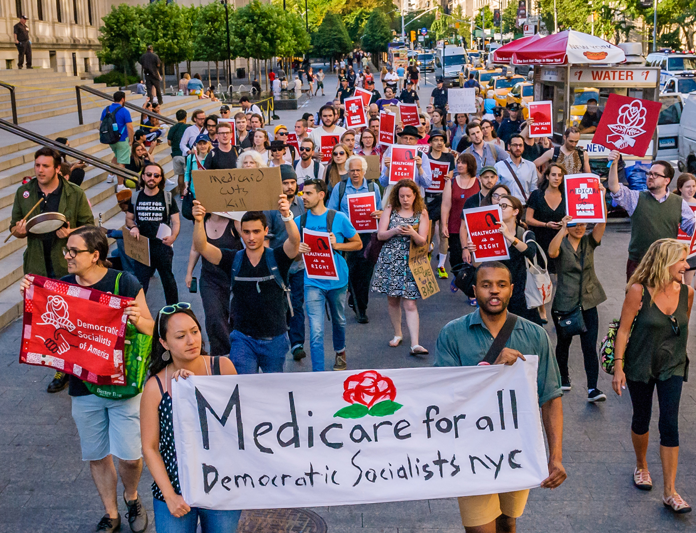 The Socialist Feminists of Democratic Socialists of America (DSA) protesting Trump's health care plan on Jul. 5, 2017, in front of the Metropolitan Museum of Art in Manhattan.