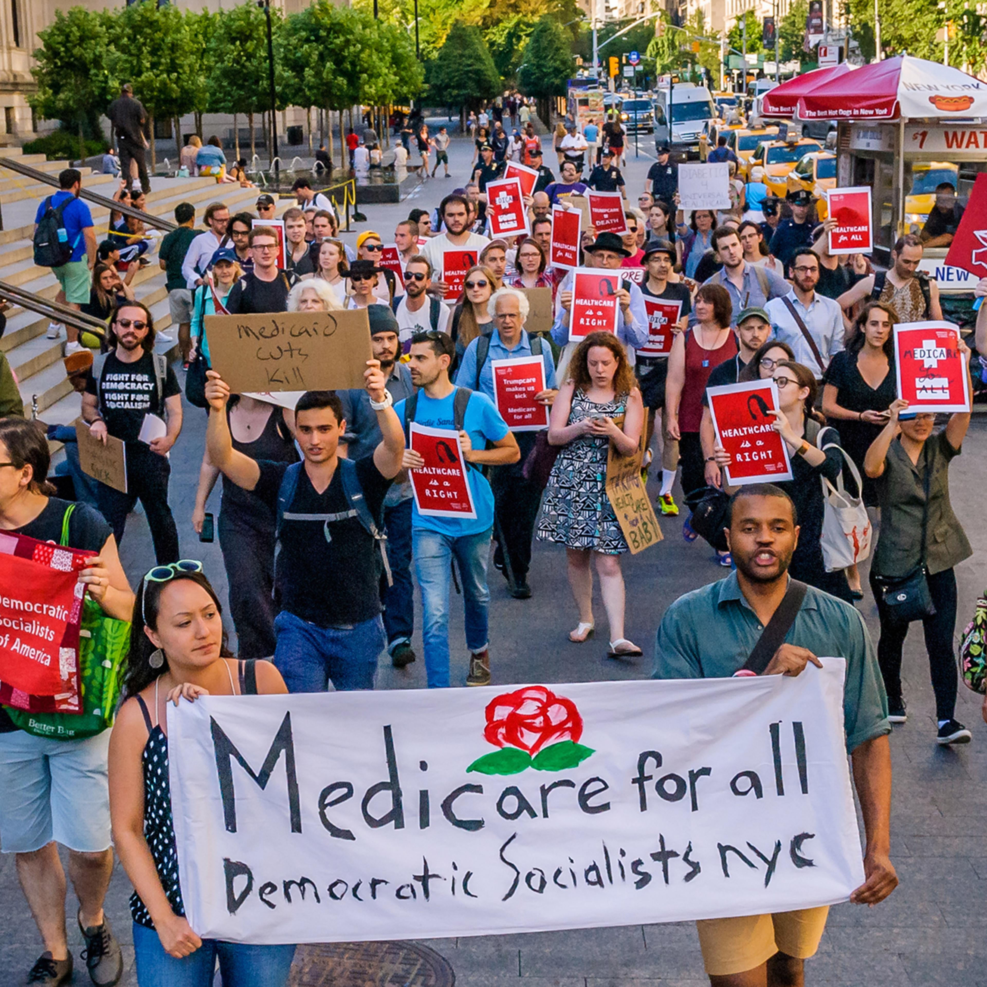 The Socialist Feminists of Democratic Socialists of America (DSA) protesting Trump's health care plan on Jul. 5, 2017, in front of the Metropolitan Museum of Art in Manhattan.