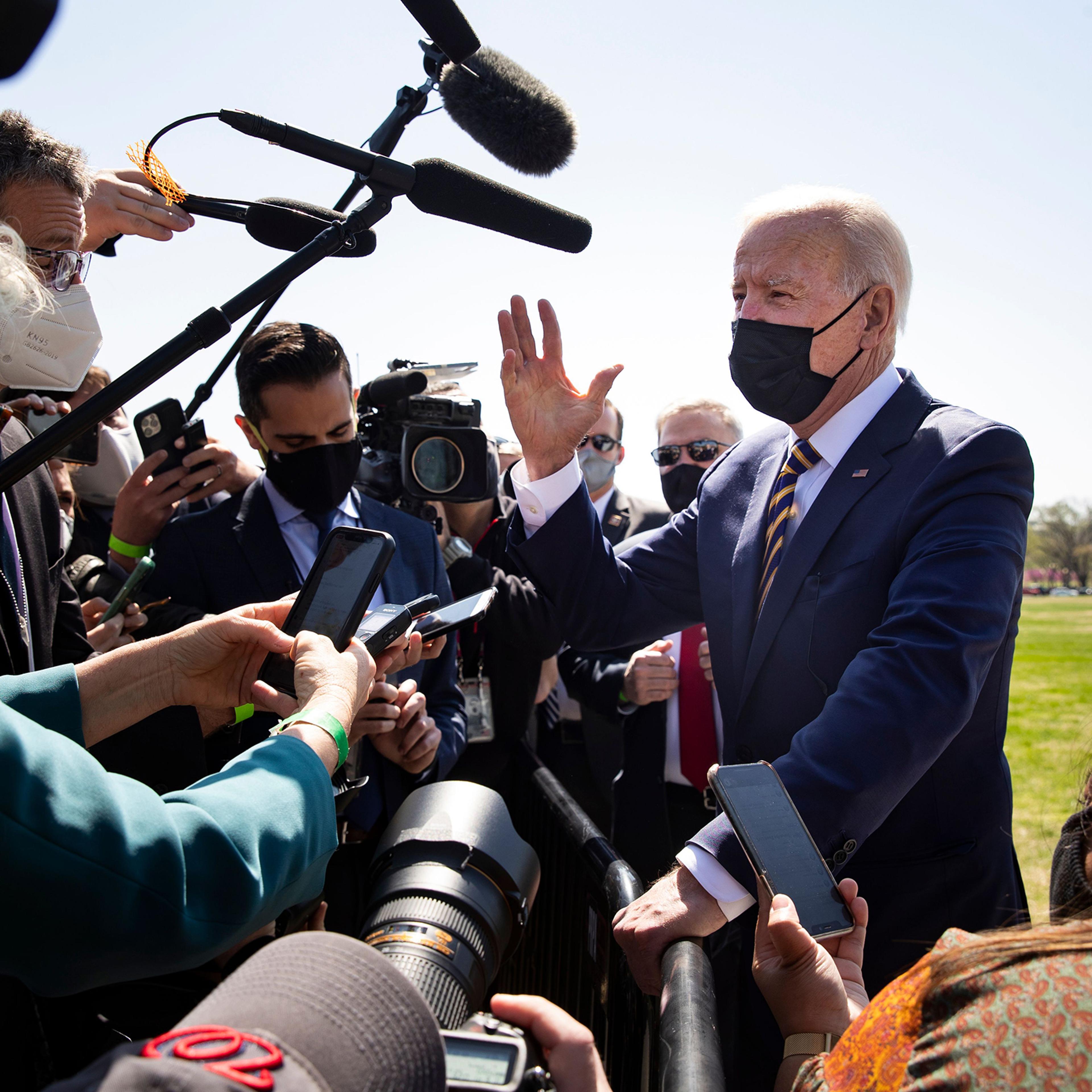 President Biden delivers brief remarks on infrastructure to journalists after arriving on the Ellipse by Marine One en route to the White House on April 5.
