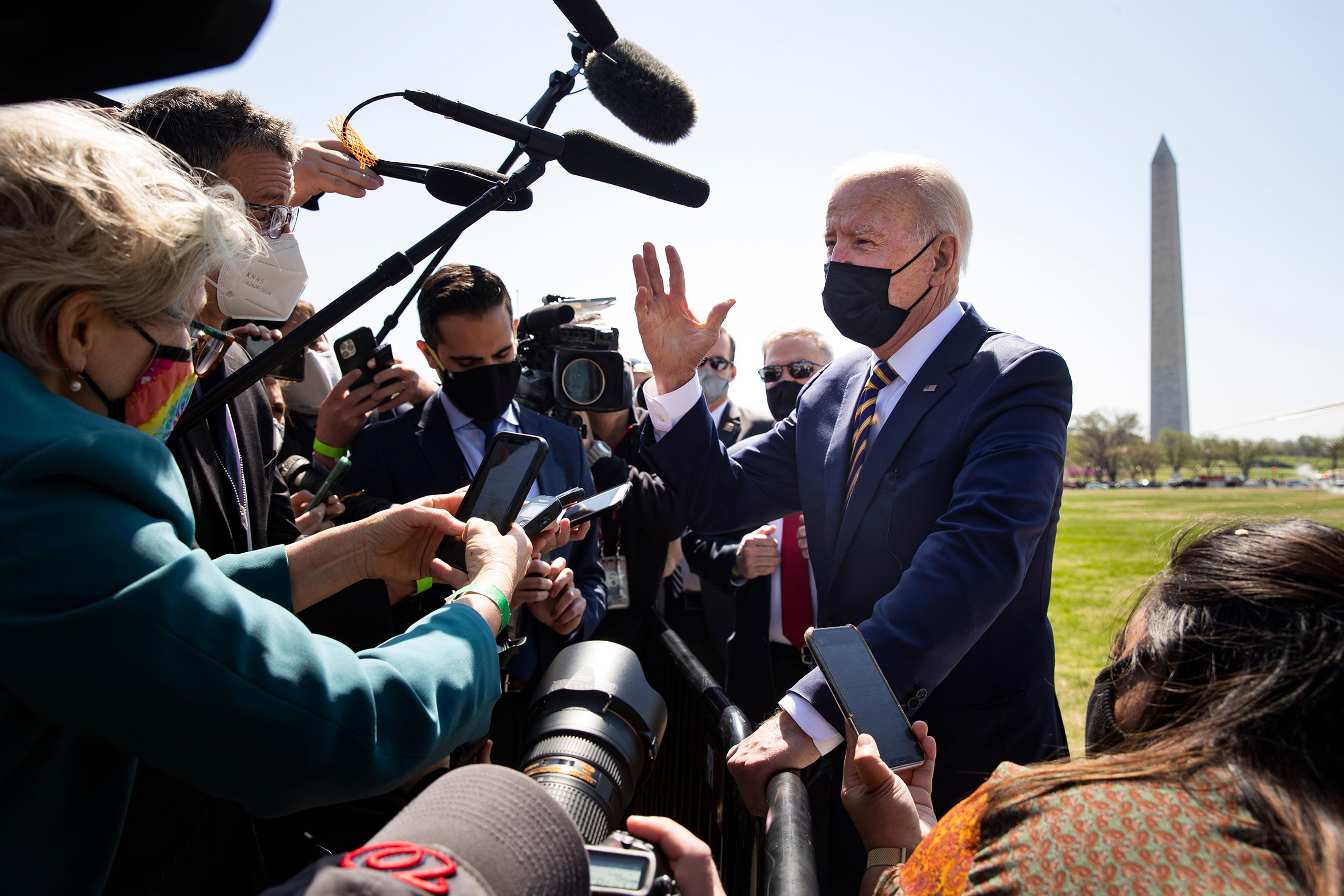 President Biden delivers brief remarks on infrastructure to journalists after arriving on the Ellipse by Marine One en route to the White House on April 5.