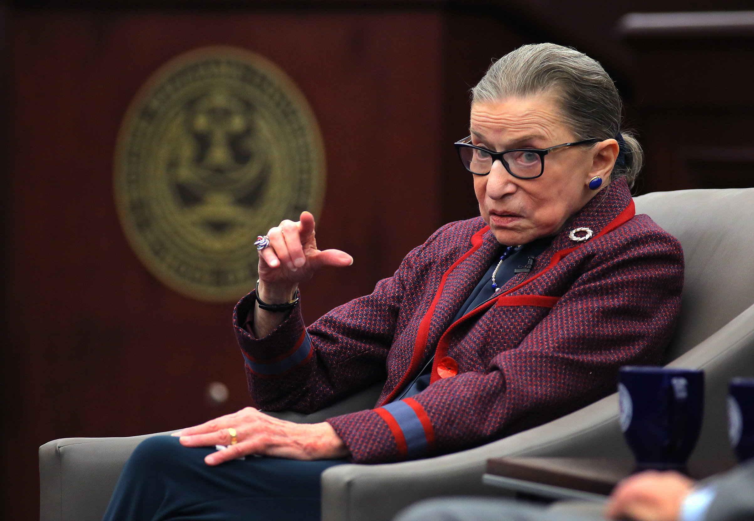 U.S. Supreme Court Justice Ruth Bader Ginsburg answers audience questions during an event at Roger Williams University School of Law on Jan. 30, 2018. 