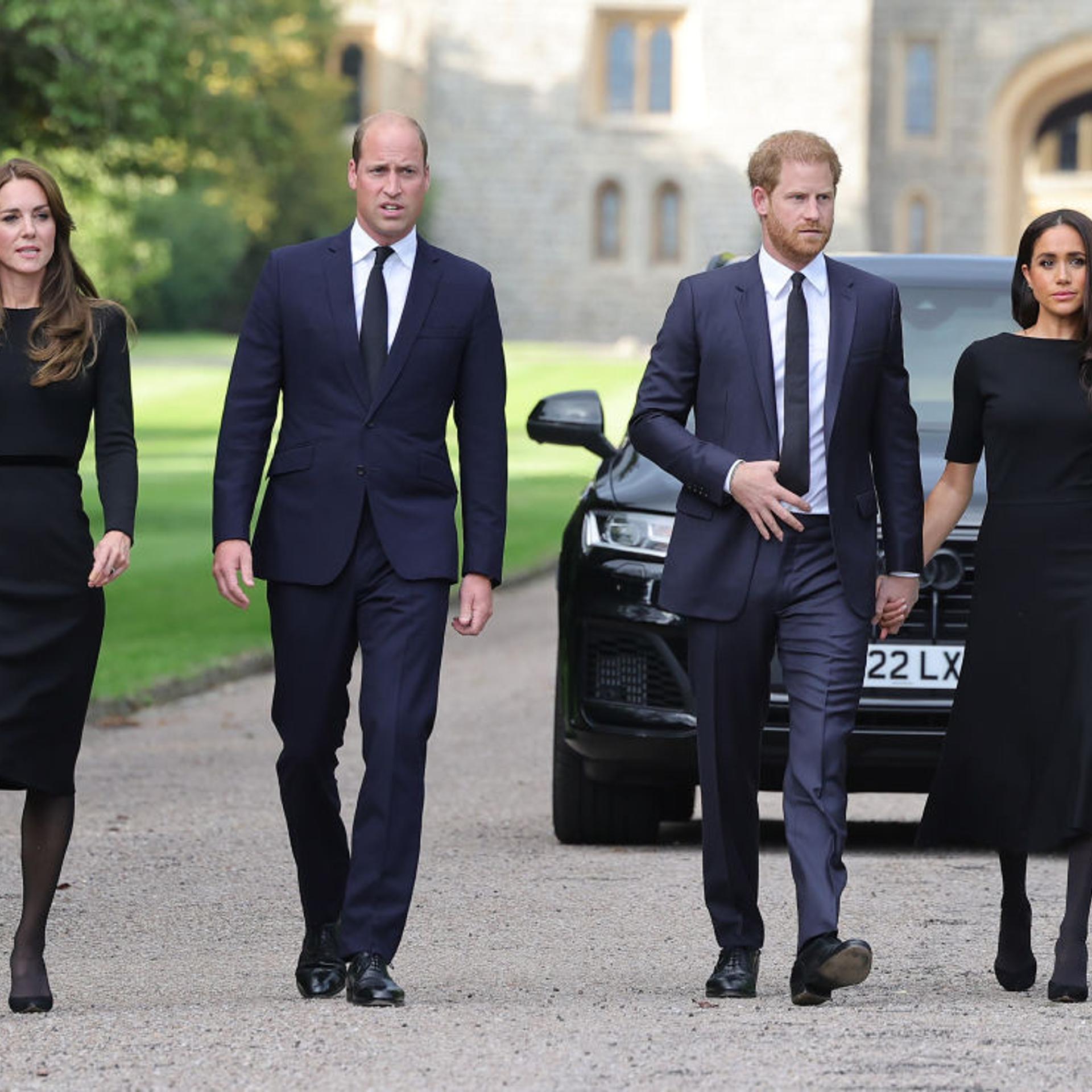 The Prince and Princess of Wales Accompanied By The Duke And Duchess Of Sussex Greet Wellwishers Outside Windsor Castle