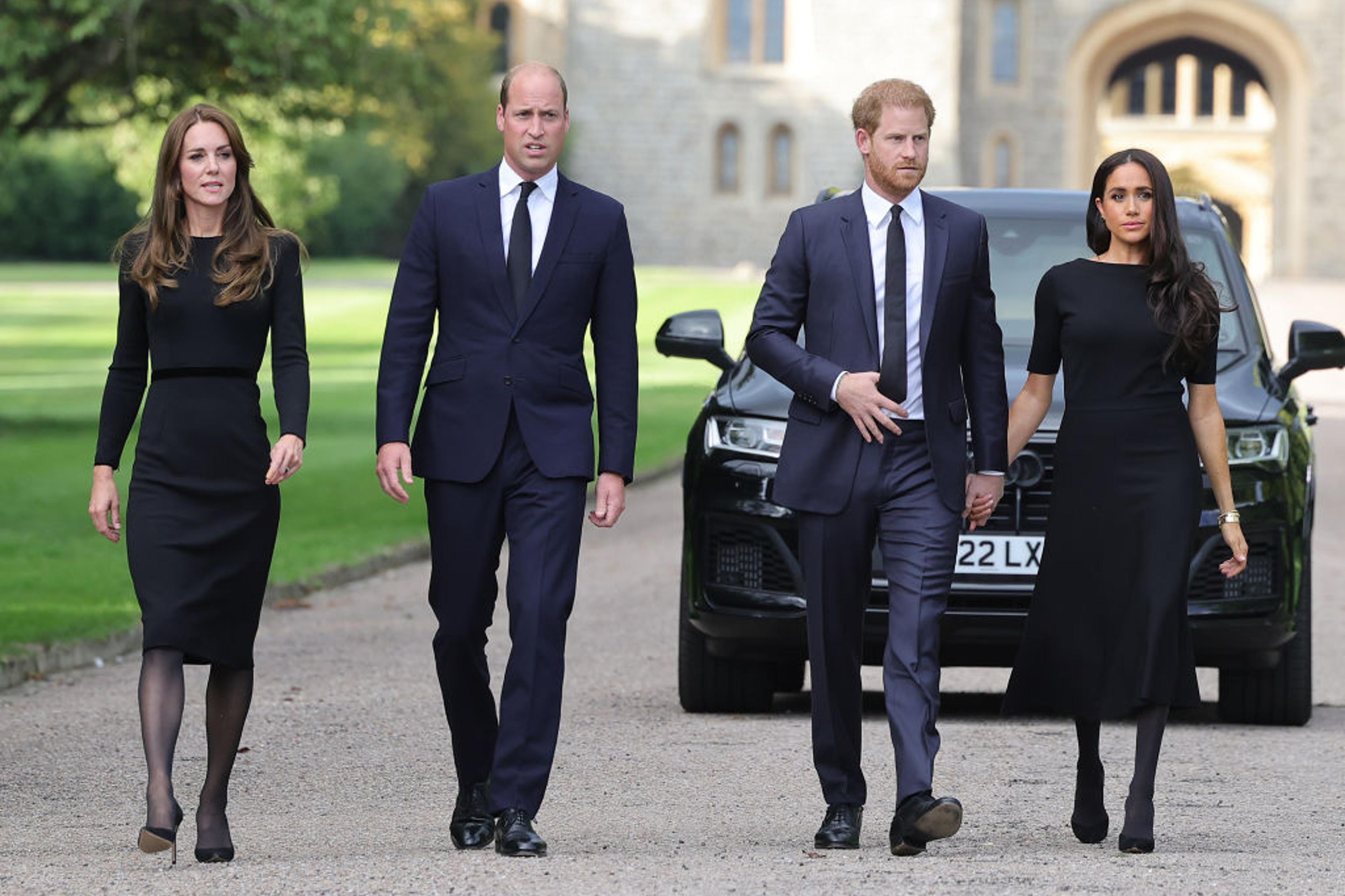 The Prince and Princess of Wales Accompanied By The Duke And Duchess Of Sussex Greet Wellwishers Outside Windsor Castle