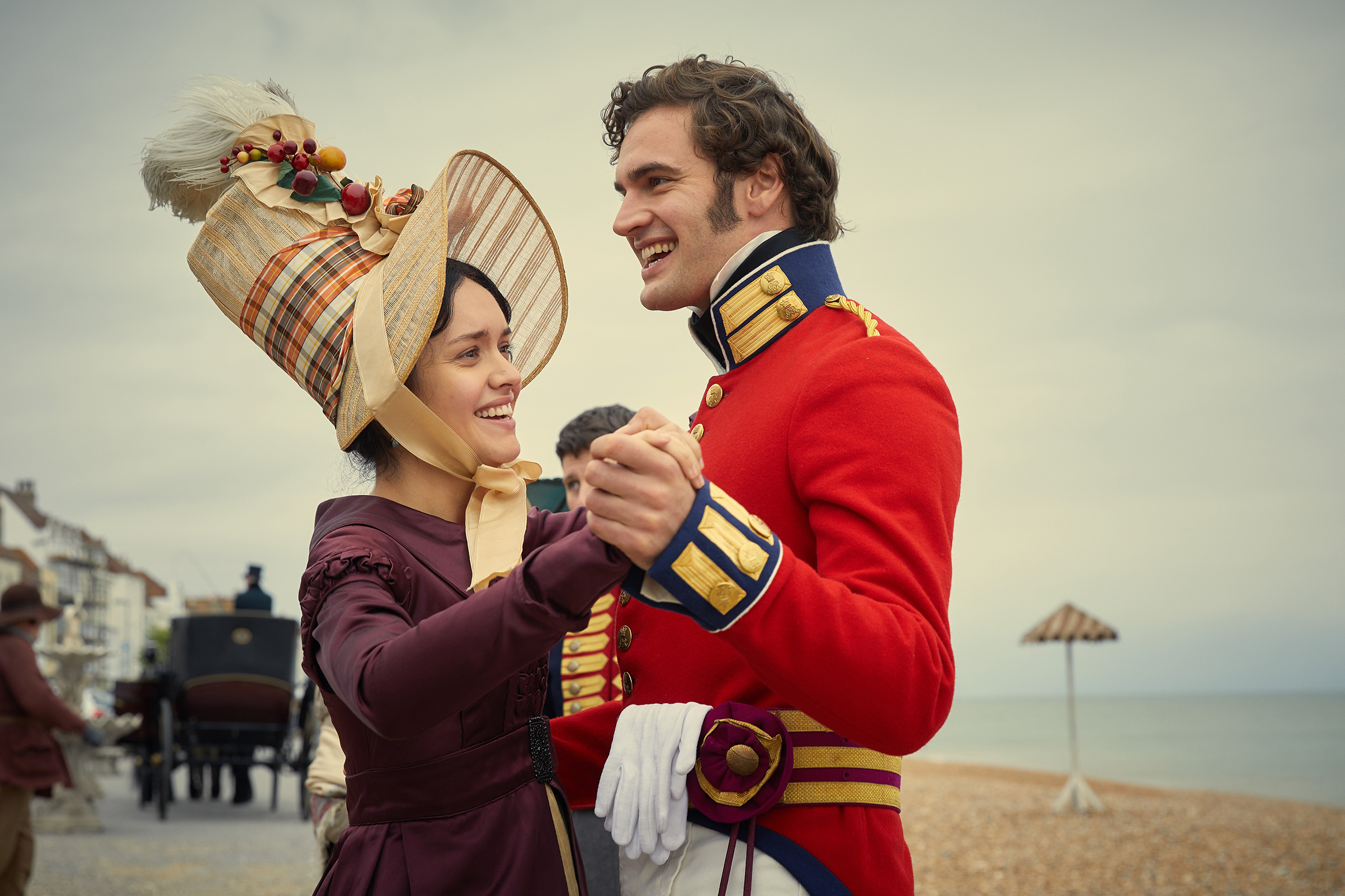 Becky (Cooke) hitches her carriage to Captain Rawdon Crawley (Tom Bateman)