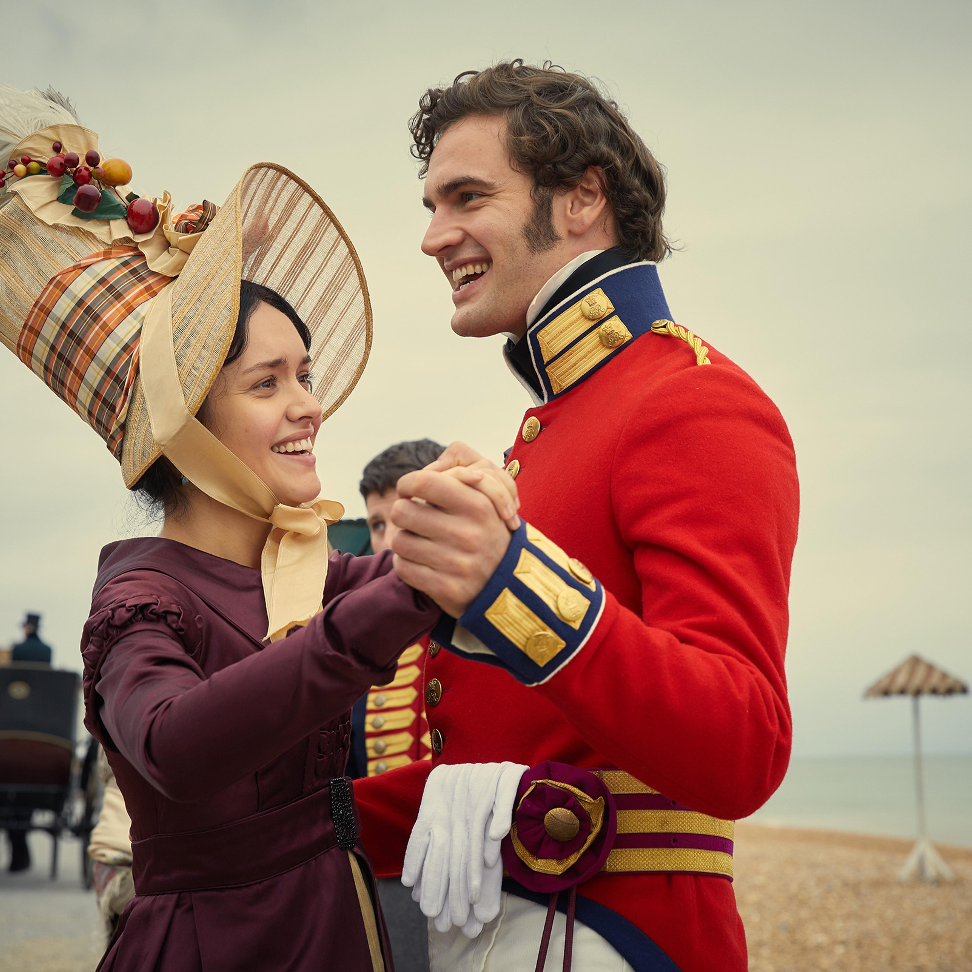 Becky (Cooke) hitches her carriage to Captain Rawdon Crawley (Tom Bateman)
