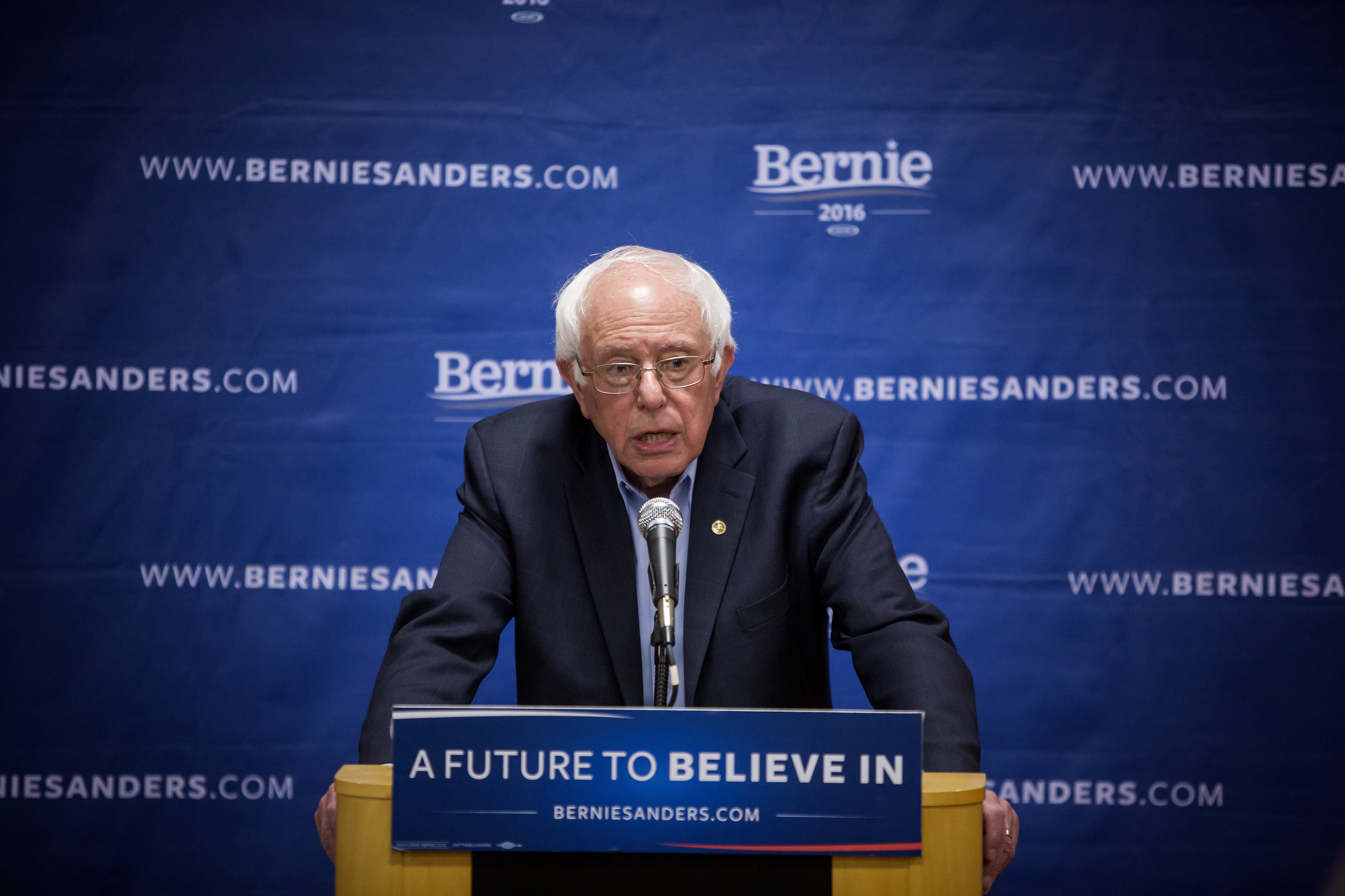 Democratic presidential candidate Sen. Bernie Sanders holds a news conference after a campaign event at the LaGuardia Performing Arts Center in Queens on April 9, 2016.
