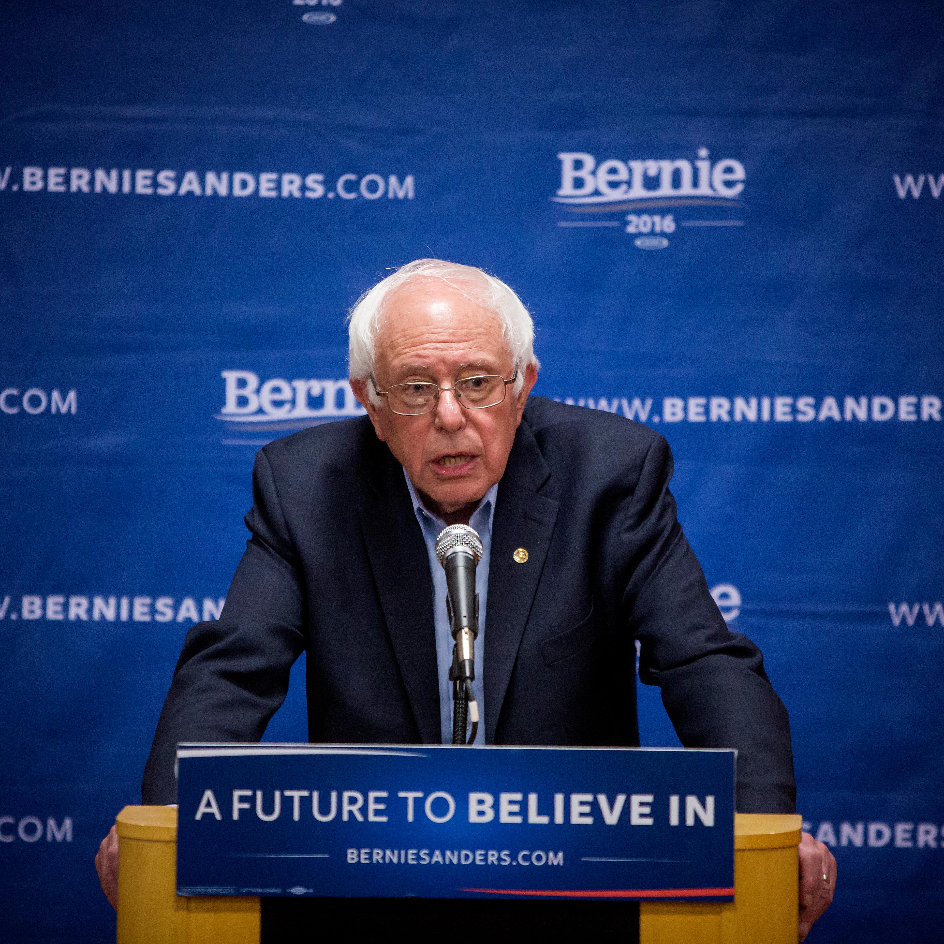 Democratic presidential candidate Sen. Bernie Sanders holds a news conference after a campaign event at the LaGuardia Performing Arts Center in Queens on April 9, 2016.
