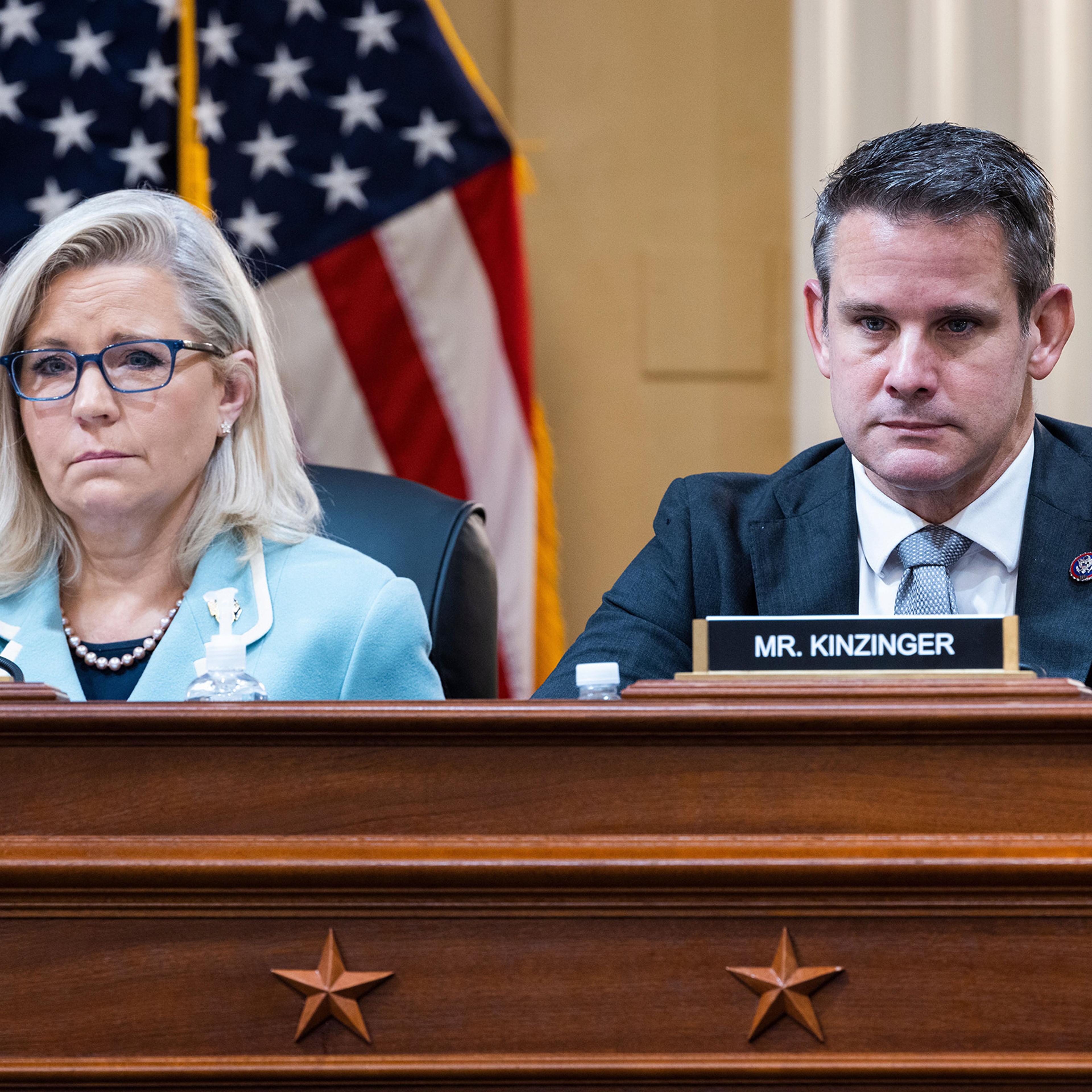 Republican Representatives Liz Cheney, left, and Adam Kinzinger attend the second hearing of the House Select Committee to Investigate the January 6th Attack on the U.S. Capitol, on Capitol Hill in Washington, D.C., June 13, 2022.