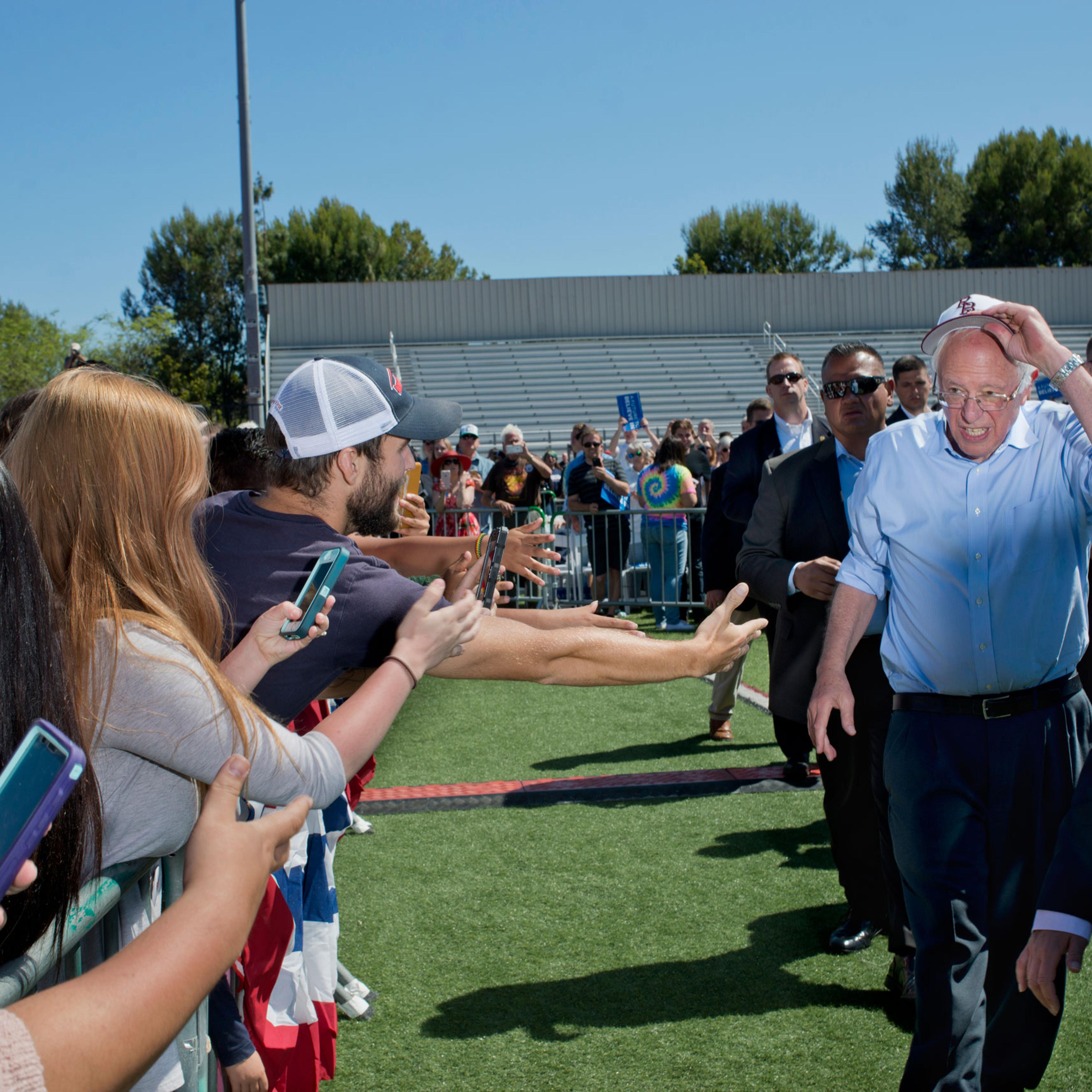 Sanders, here in Vista, Calif., May 22, must soon decide whether to back Clinton or keep his crusade alive
