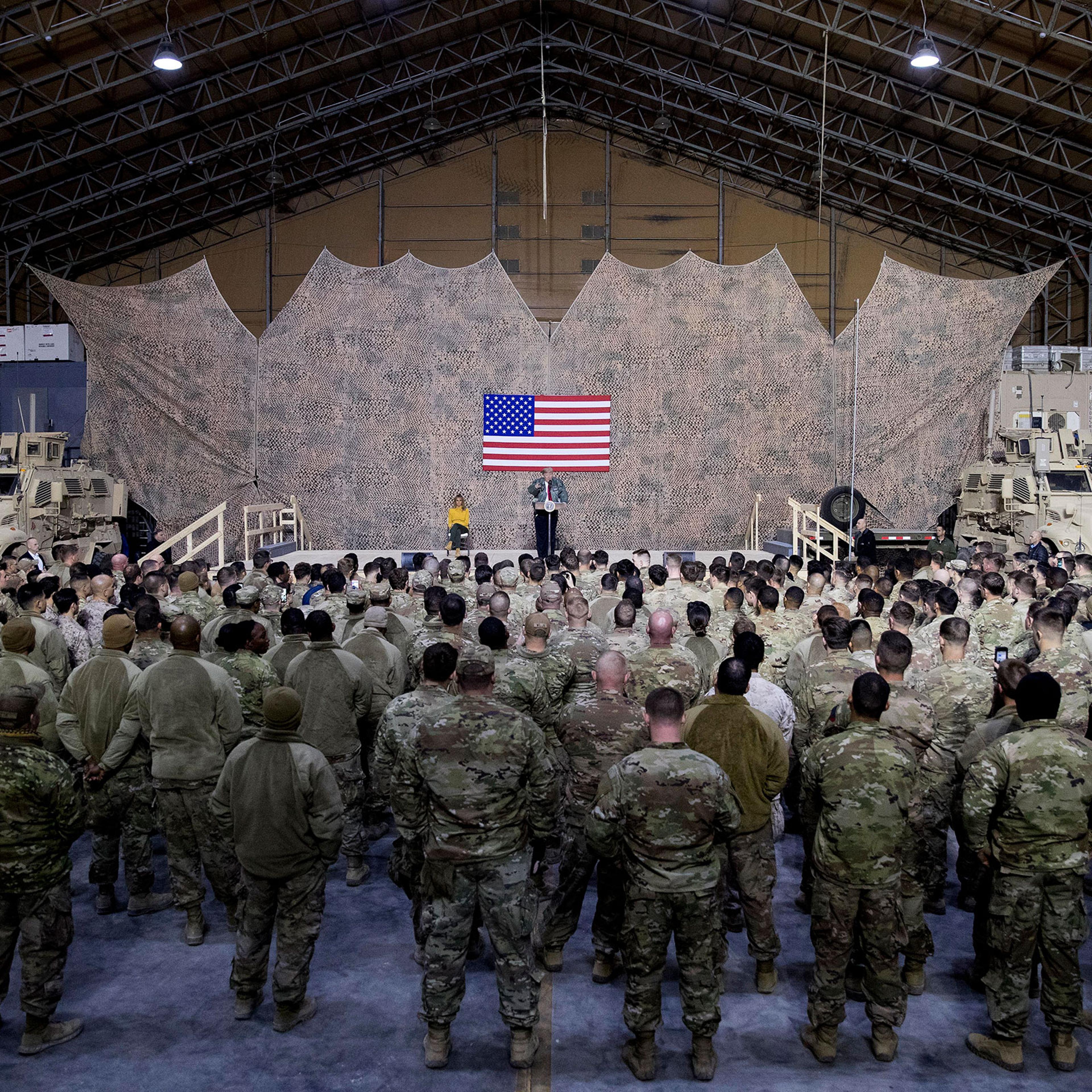 President Trump speaks at a rally in a hangar at Al Asad Air Base, Iraq, on Dec. 26, 2018