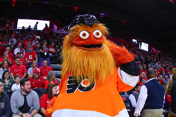 Gritty the Philadelphia Flyers Mascot performs at the College Basketball game between the Rutgers Scarlet Knights and the Michigan State Spartans on November 30, 2018 at the Louis Brown Athlrtic Center in Piscataway, NJ.
