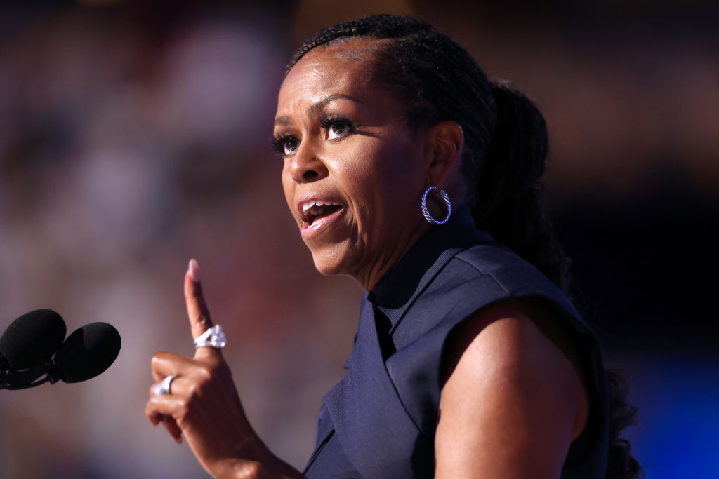 Former U.S. First Lady Michelle Obama speaks on the second day of the Democratic National Convention (DNC) at the United Center in Chicago, Ill., on Aug. 20, 2024.