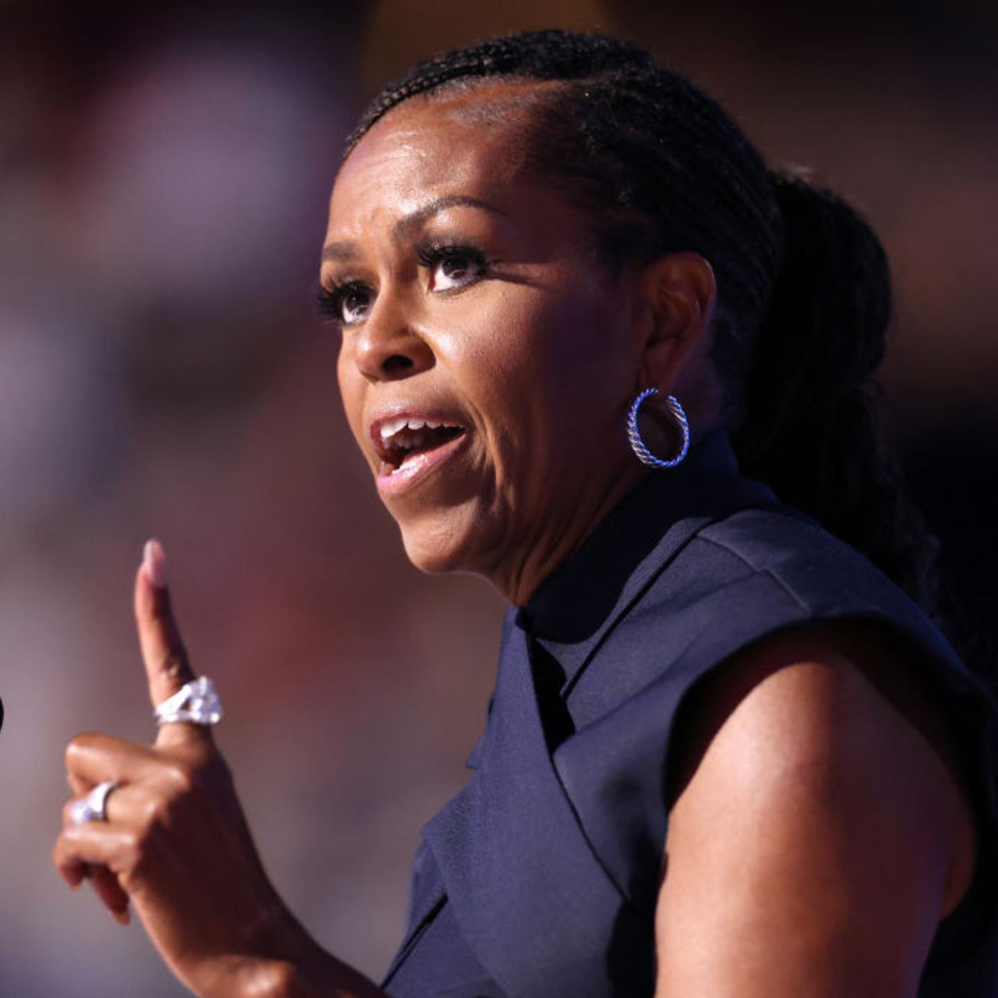Former U.S. First Lady Michelle Obama speaks on the second day of the Democratic National Convention (DNC) at the United Center in Chicago, Ill., on Aug. 20, 2024.