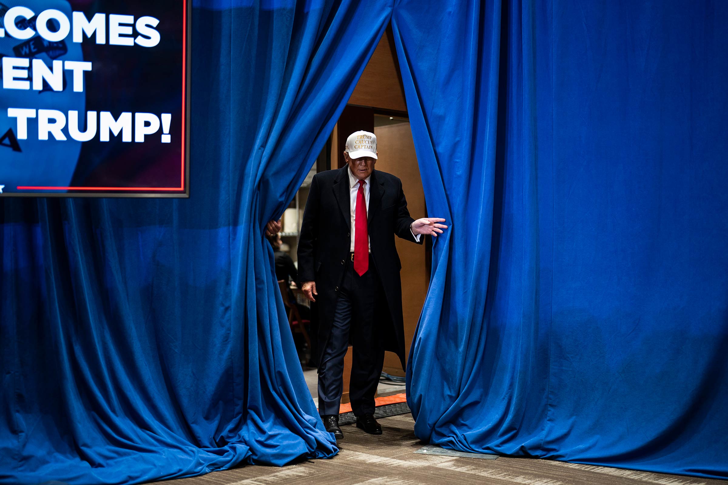 Republican presidential candidate former president Donald Trump walks out to speak at a campaign rally held at Simpson College in Indianola, Iowa on Sunday, Jan. 14, 2023.
