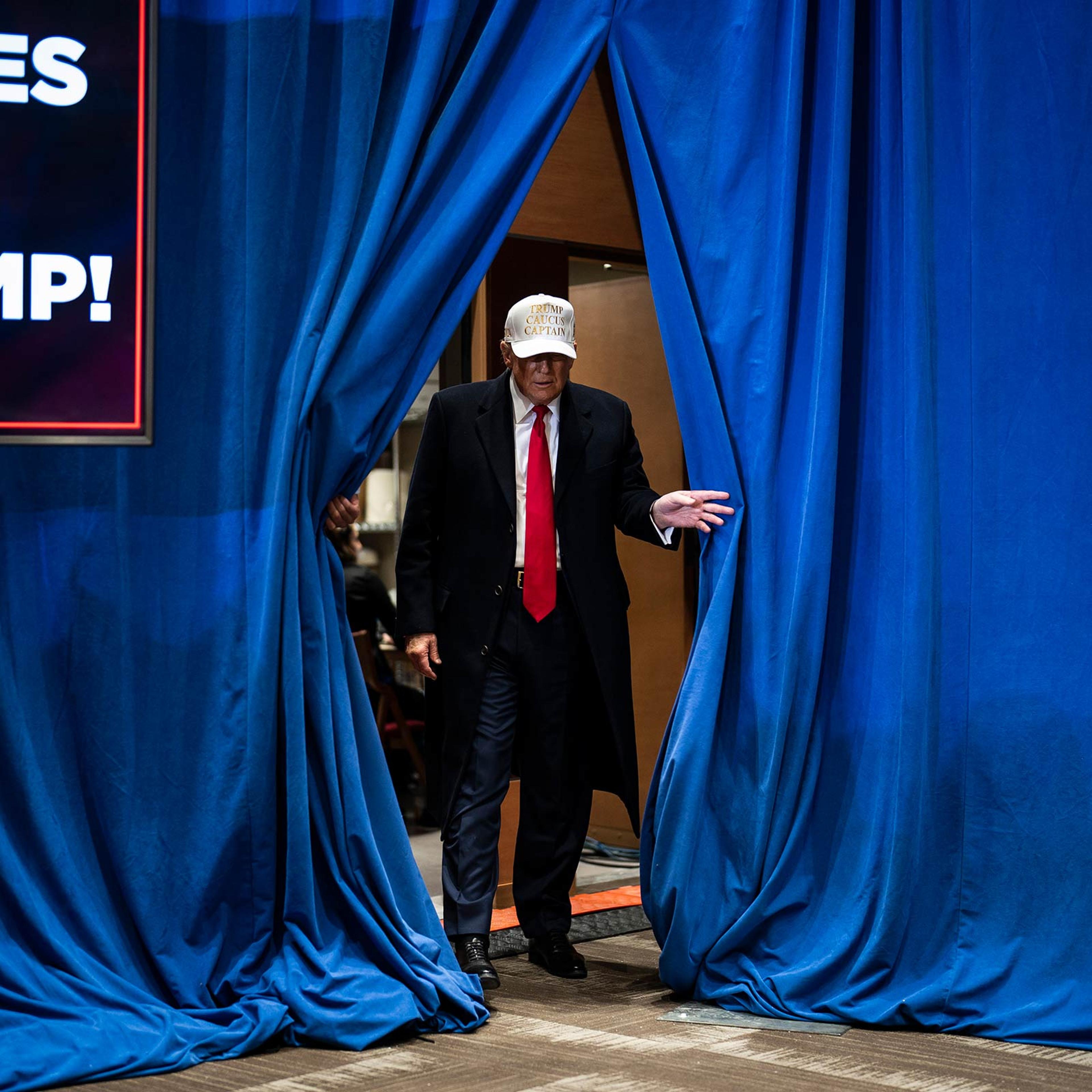 Republican presidential candidate former president Donald Trump walks out to speak at a campaign rally held at Simpson College in Indianola, Iowa on Sunday, Jan. 14, 2023.