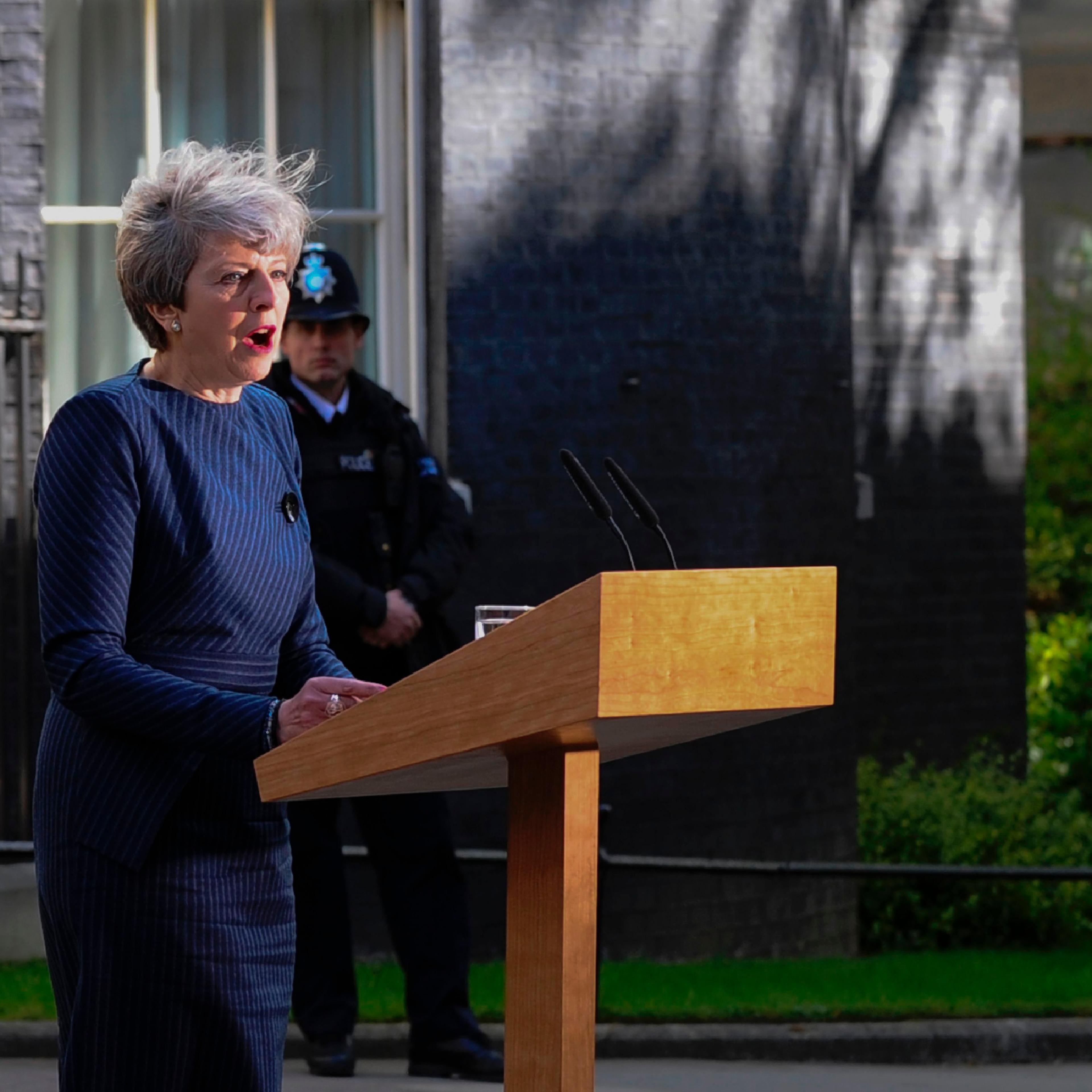 British Prime Minister Theresa May speaks to the media outside 10 Downing Street in central London on April 18, 2017.