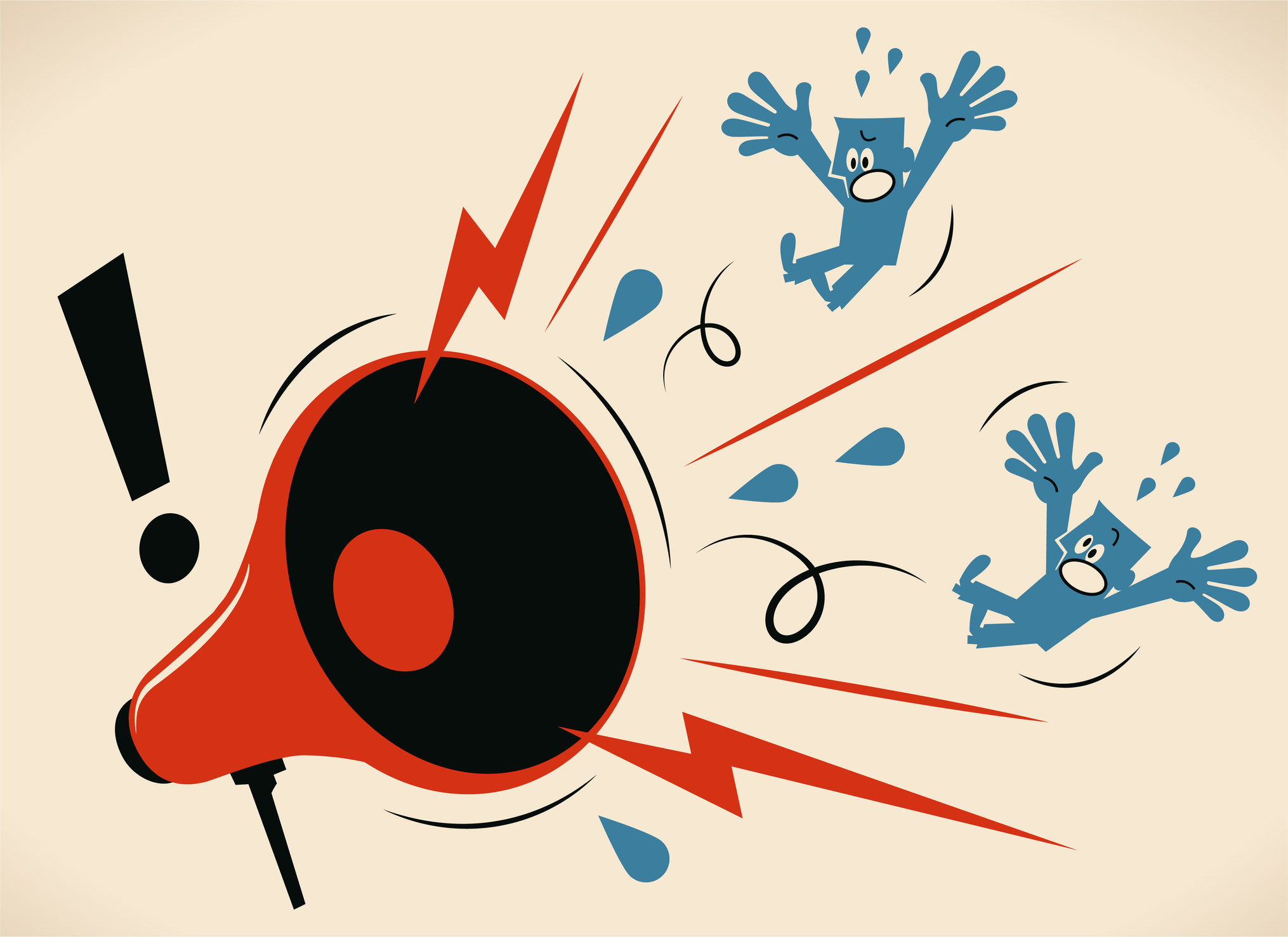 Big angry megaphone shouting at two blue guys