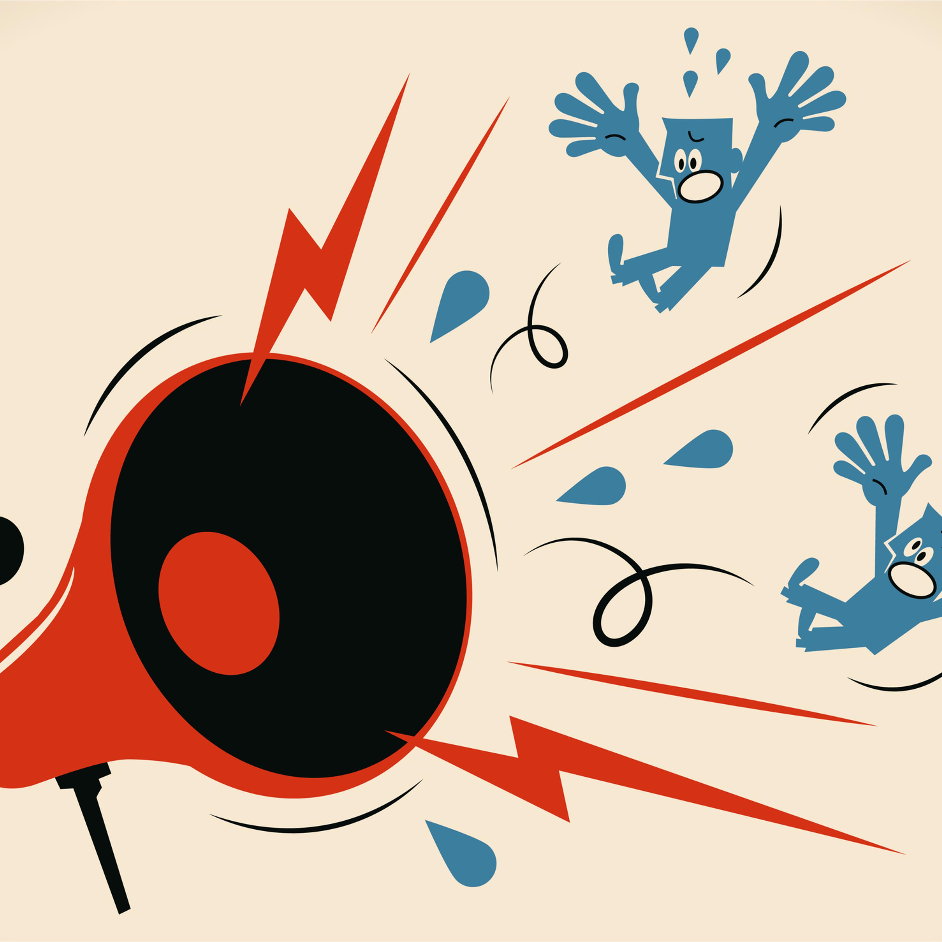 Big angry megaphone shouting at two blue guys