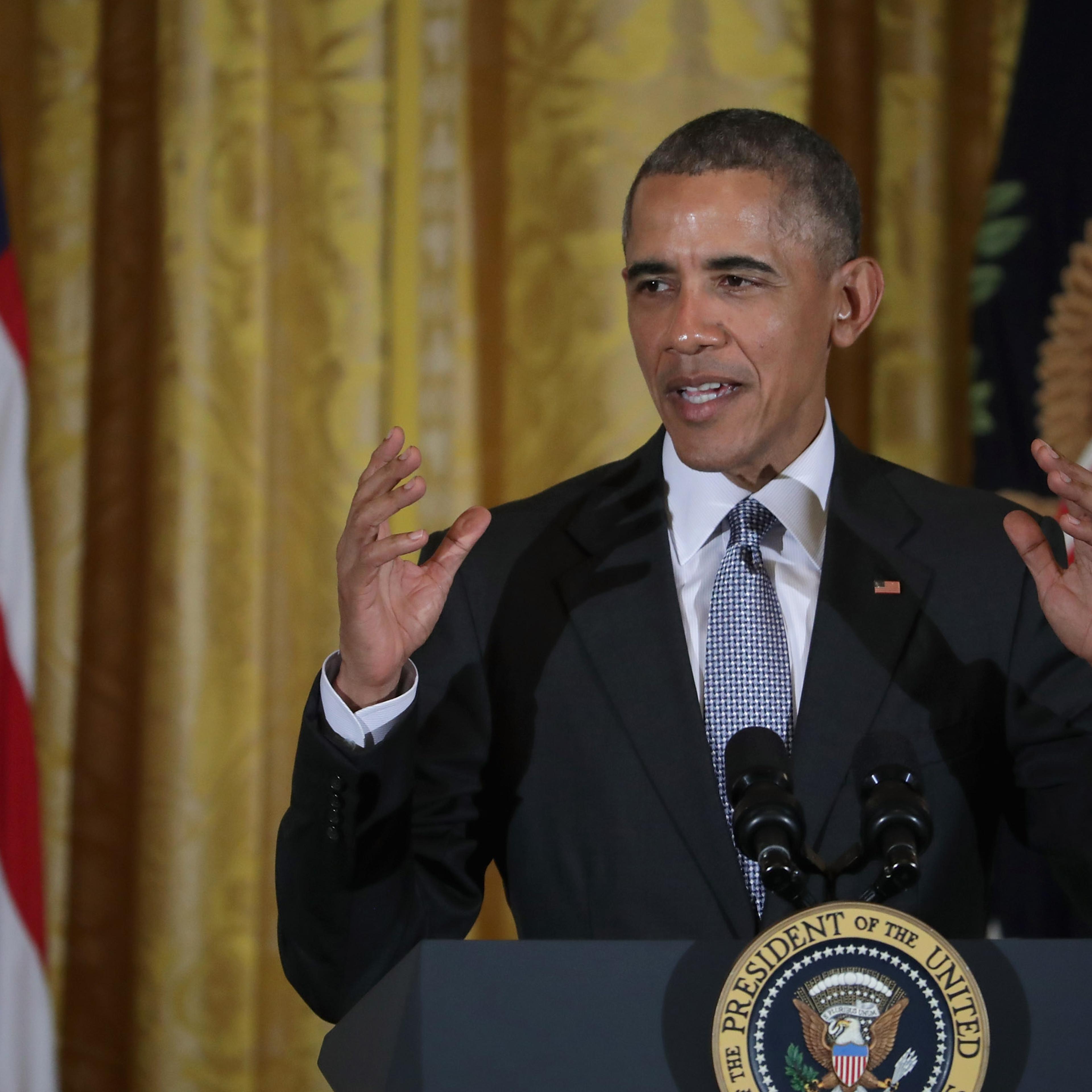 U.S. President Barack Obama delivers remarks during a reception for Women's History Month in the East Room of the White House in Washington, D.C., on March 16, 2016.