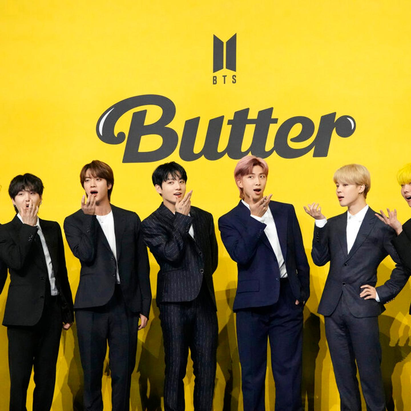 Members of South Korean K-pop band BTS, V, SUGA, JIN, Jung Kook, RM, Jimin, and j-hope from left to right, pose for photographers ahead of a press conference to introduce their new single "Butter" in Seoul, South Korea, Friday, May 21, 2021.